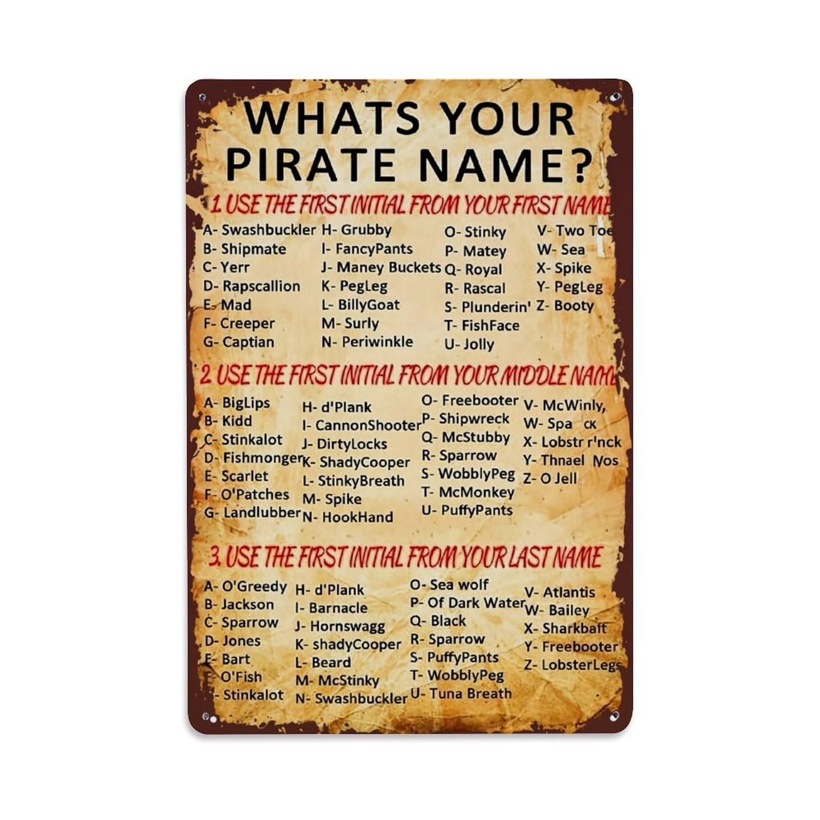 Jdfenggu Vintage Whats Your Pirate Name Retro Metal Tin Sign, Metal Poster For Bar, Home, Man Cave, Kitchen, Laundry Room Art Decor 8X12 Inch