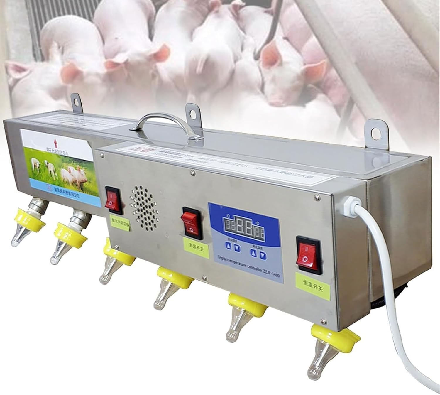 Piglet and Lambs Automatic Constant Temperature Milk Feeder,6 Nipple Silicone Lamb Piglet Feeding Station with Sound Simulation,Stainless Steel Feeding Breastfeeding Device