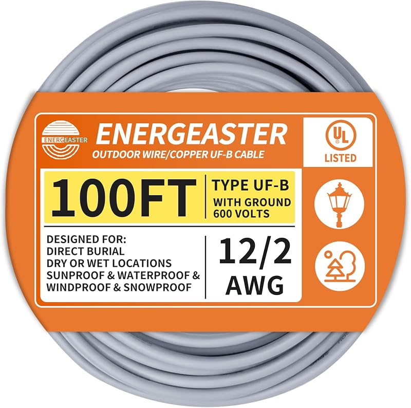 Energeaster 12/2 UF-B 100FT Solid Underground Feeder Direct Burial Cable | UV & Moisture Resistant, Ideal for Outdoor Lighting & Pump Installations & Residential Indoor Electrical Projects, UL listed