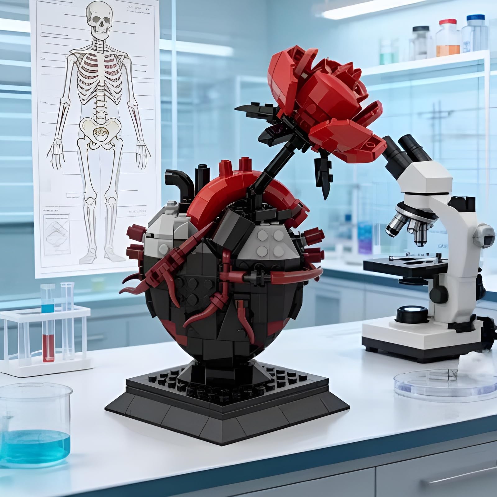 Set di mattoncini da costruzione a forma di cuore gotico con rosa – fiori romantici scuri modello desktop, collezione botanica MOC, kit di blocchi di San Valentino e regalo di anniversario per adulti