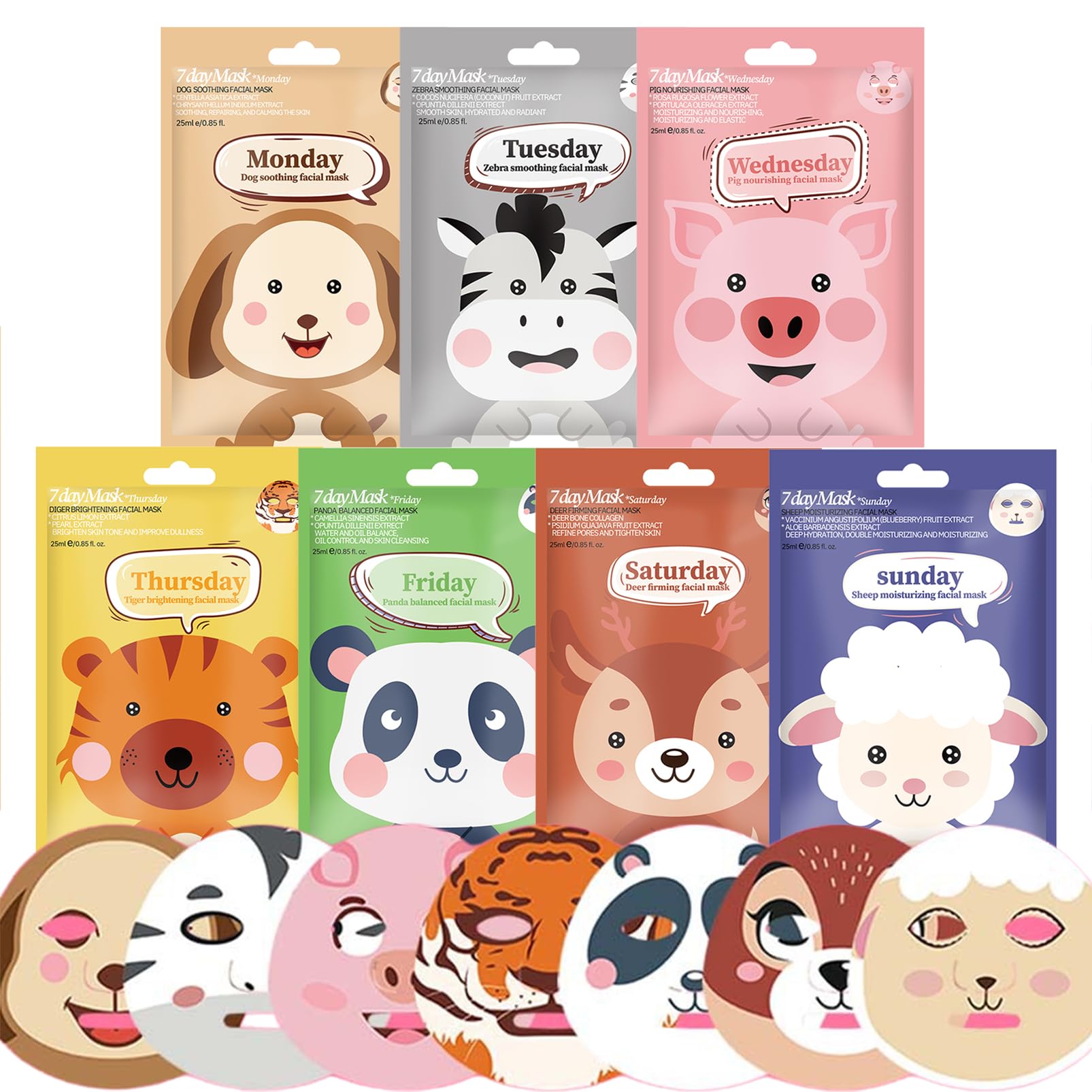 Sheet Face Masks Set, 7Pcs Hydrating Face Masks for Teenage Girls Fun Animal Printed Sheet Masks Gift Set, Moisturizing