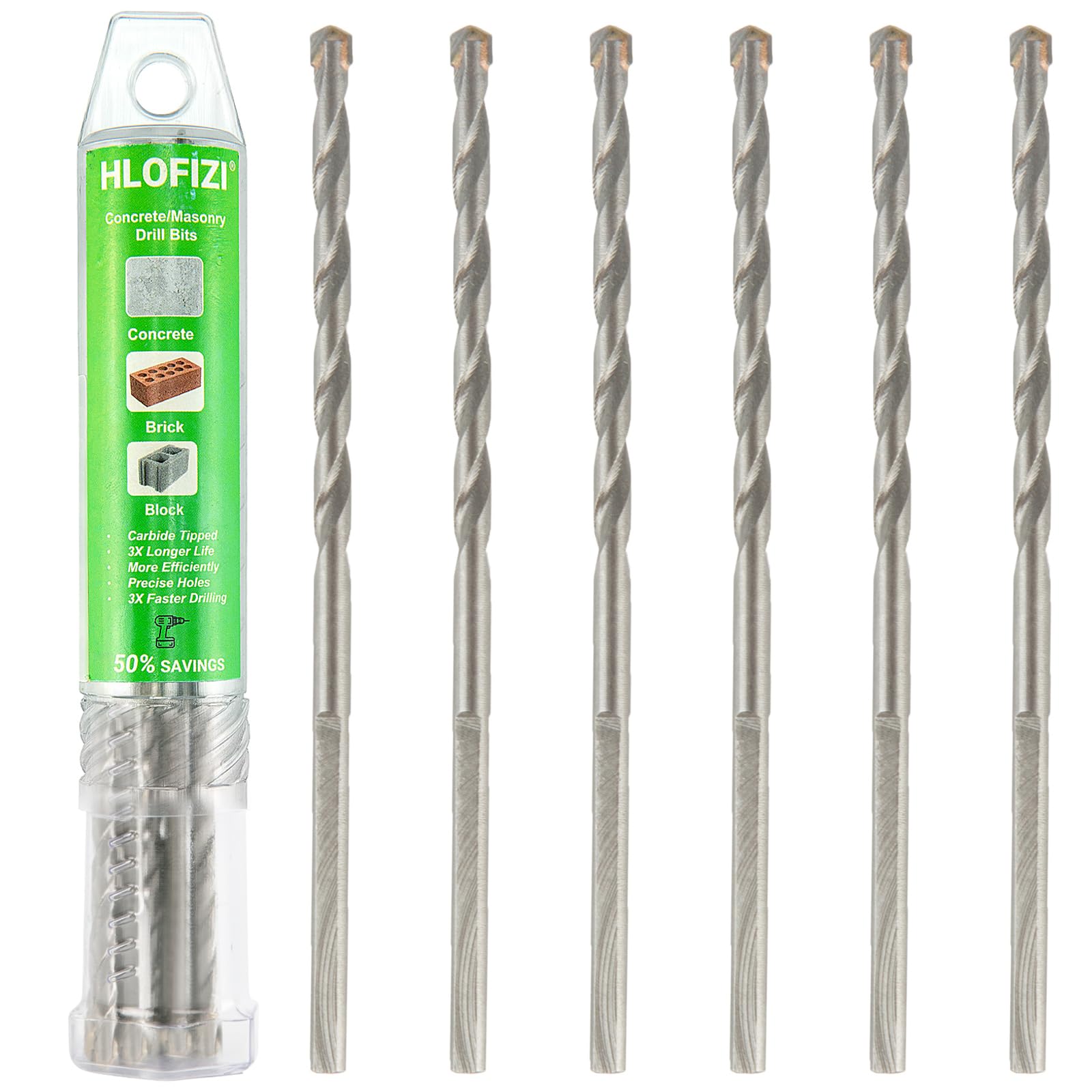 HLOFIZI 1/8" x 3" Masonry Drill Bits 1/8 inch Concrete Drill Bits Carbide Tipped, for Cement, Brick, Stone, 6 Pack