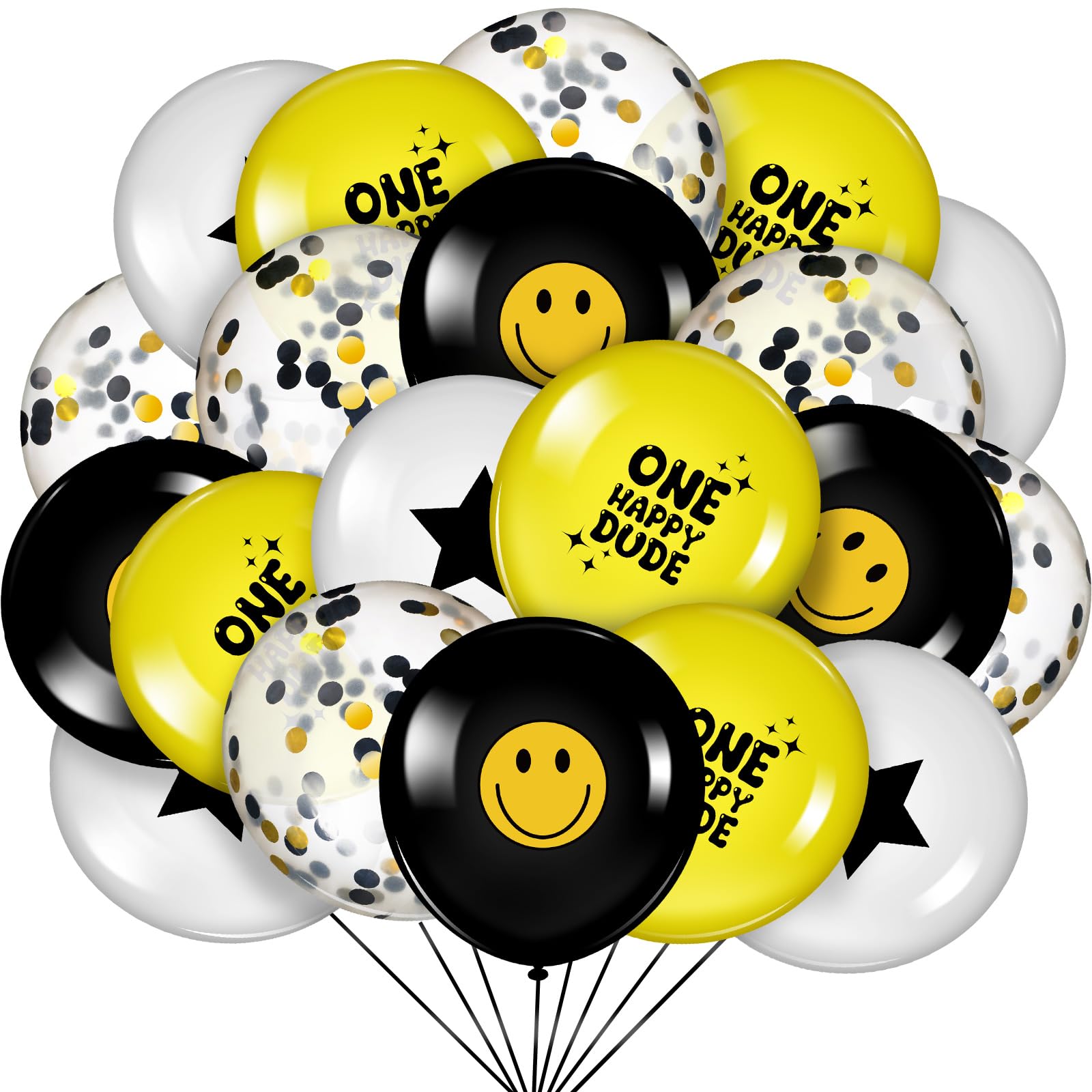 Jenaai 80 Pcs One Happy Dude Balloons One Happy Dude Birthday Decorations 1st Black and Yellow Smile Face Latex Balloons for Hippie Theme First