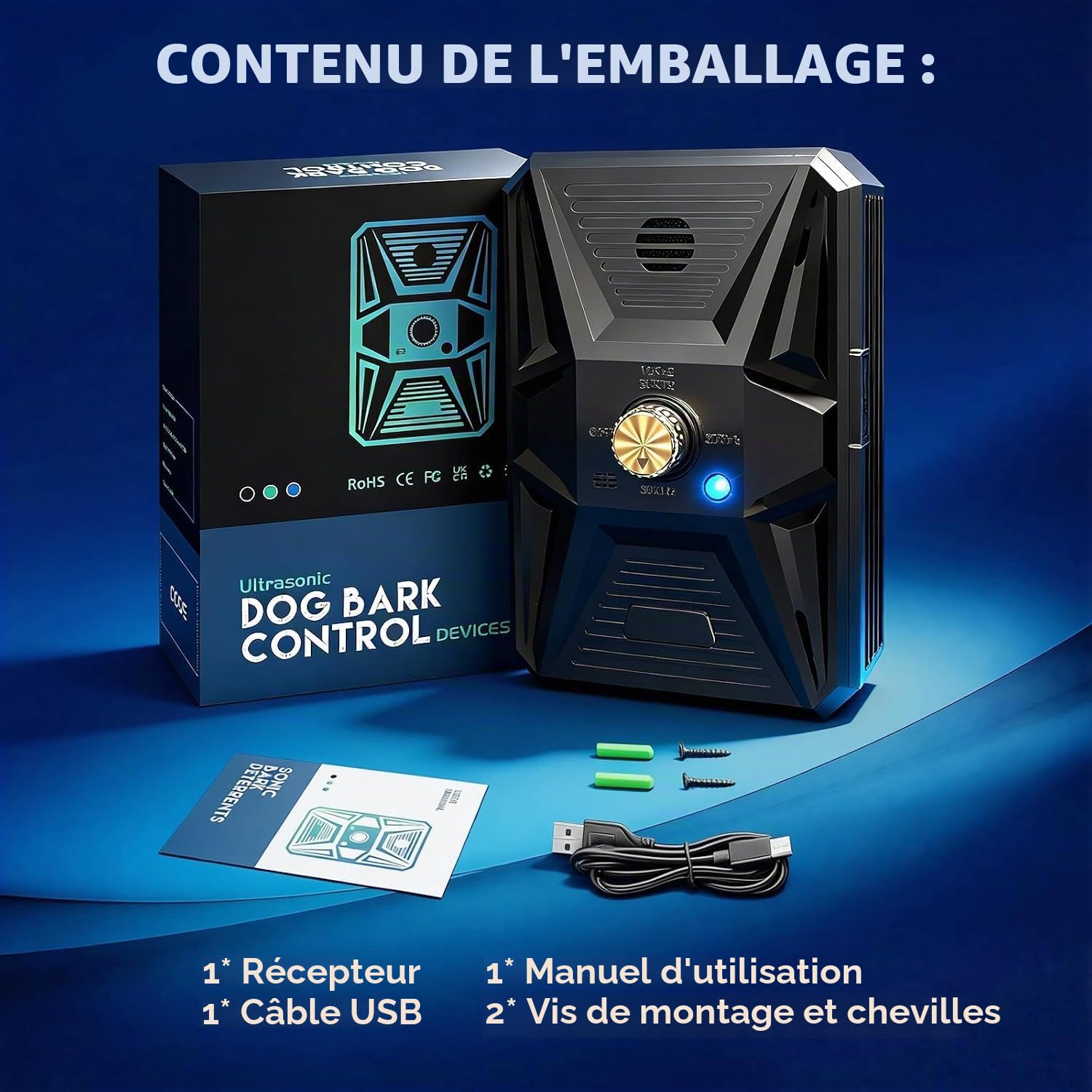 Anti Aboiement Chien, Dispositif Anti Aboiement Chien Ultrasons à 3 Modes, Boitier Anti Aboiement Chien de 33 Pieds, l'entraînement des Grands et Petits Chiens en Extérieur et Intérieur