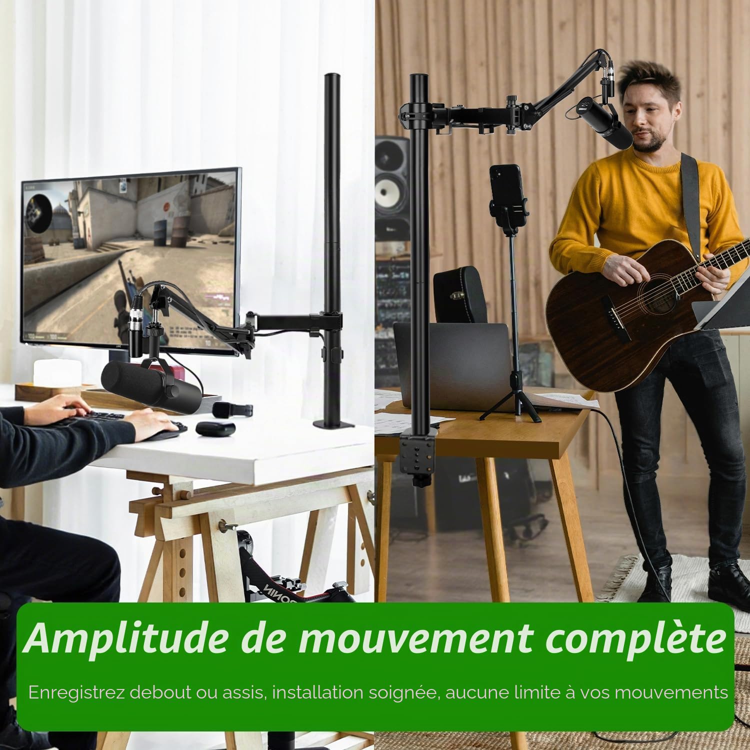 Bras Micro Réglable en Hauteur avec Barre D'extension Surélevée Support Microphone pour Shure SM7B, Blue Yeti, HyperX QuadCast S et Autres Microphones