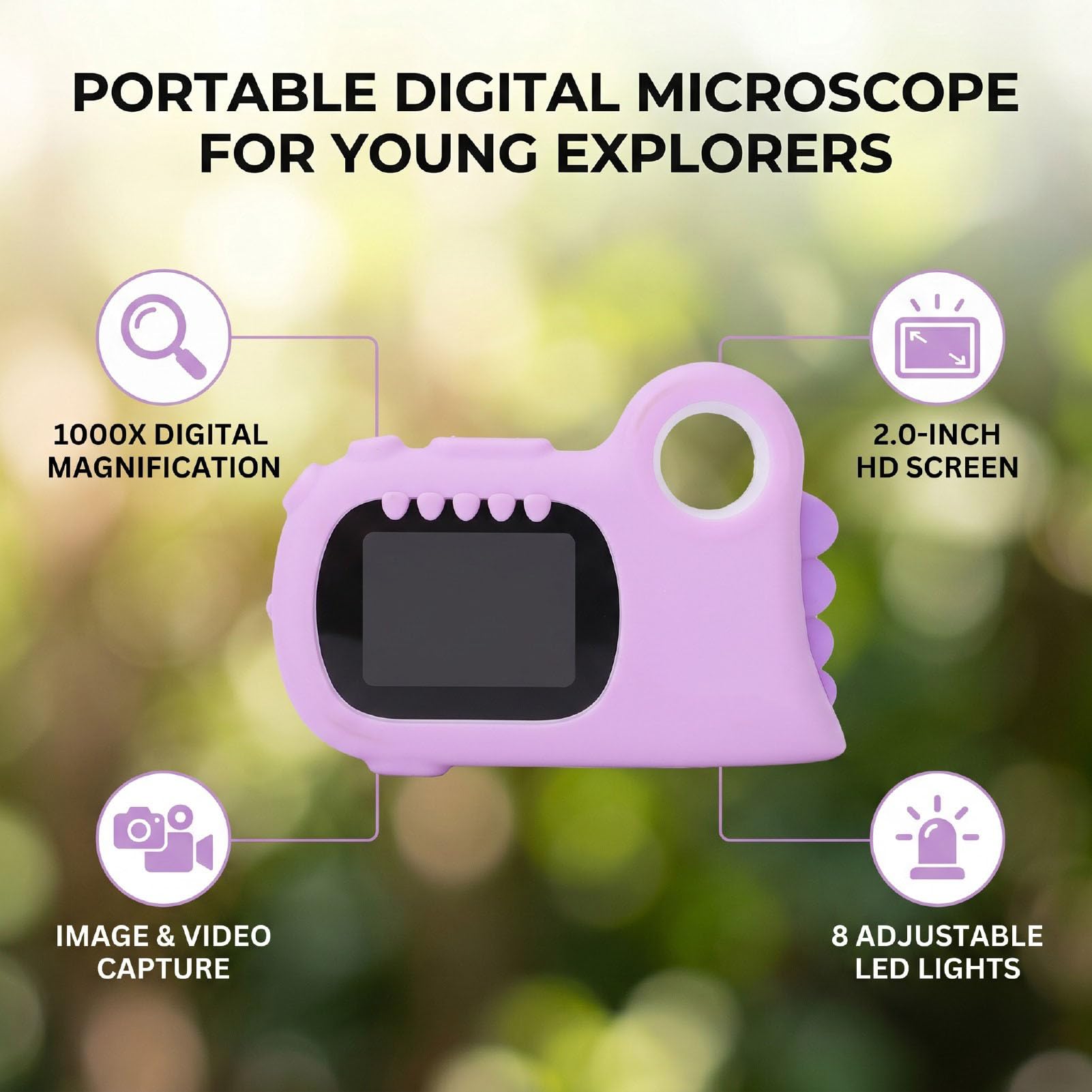 AMONIDA Microscopio Digitale per Bambini Microscopio USB Portatile Ingrandimento 1000X con Schermo da 2 Pollici 8 Luci LED per Apprendimento Scientifico Regalo Educativo