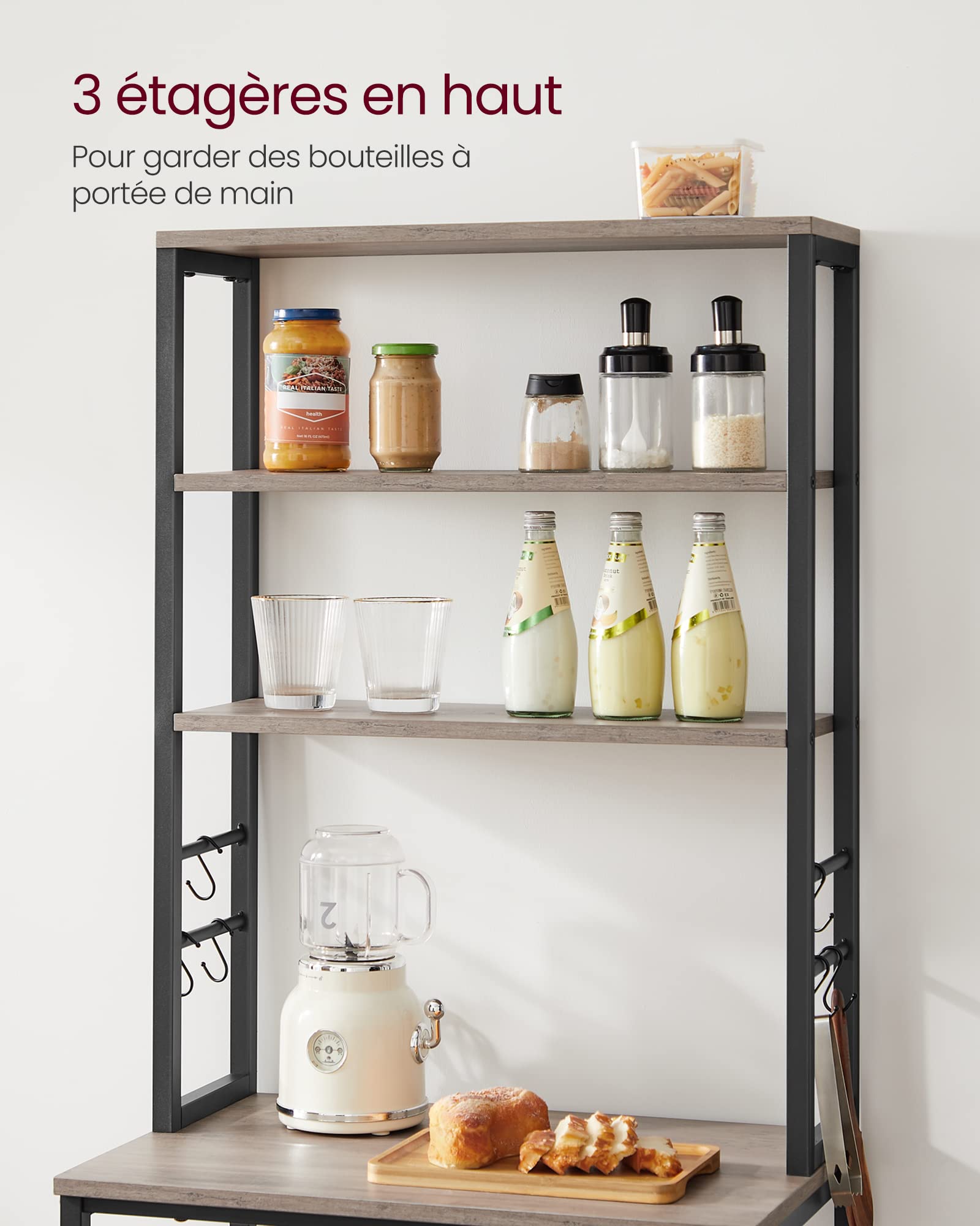 VASAGLE Étagère de Cuisine, Étagère pour Machine à Café, 6 Étagères et 6 Crochets, pour Four à Micro-Ondes, Cadre en Acier, Style Industriel, 40 x 60 x 167 cm, Gris et Noir KKS024B02