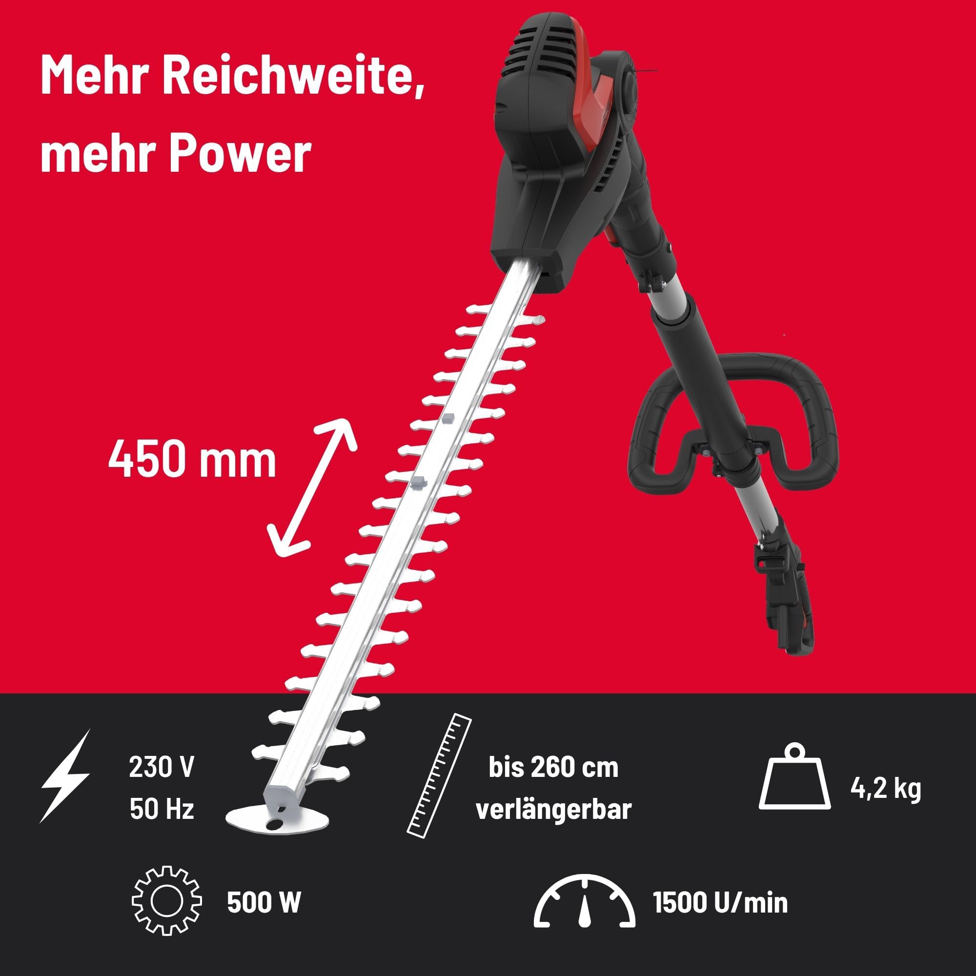 Güde GTHS 530-500 teleskopowe nożyce do żywopłotu, 230 V, moc silnika 500 W, długość cięcia 45 cm, grubość cięcia 1,8 cm, obrotowa głowica tnąca, długość całkowita do 2,6 m, szybkie zatrzymanie