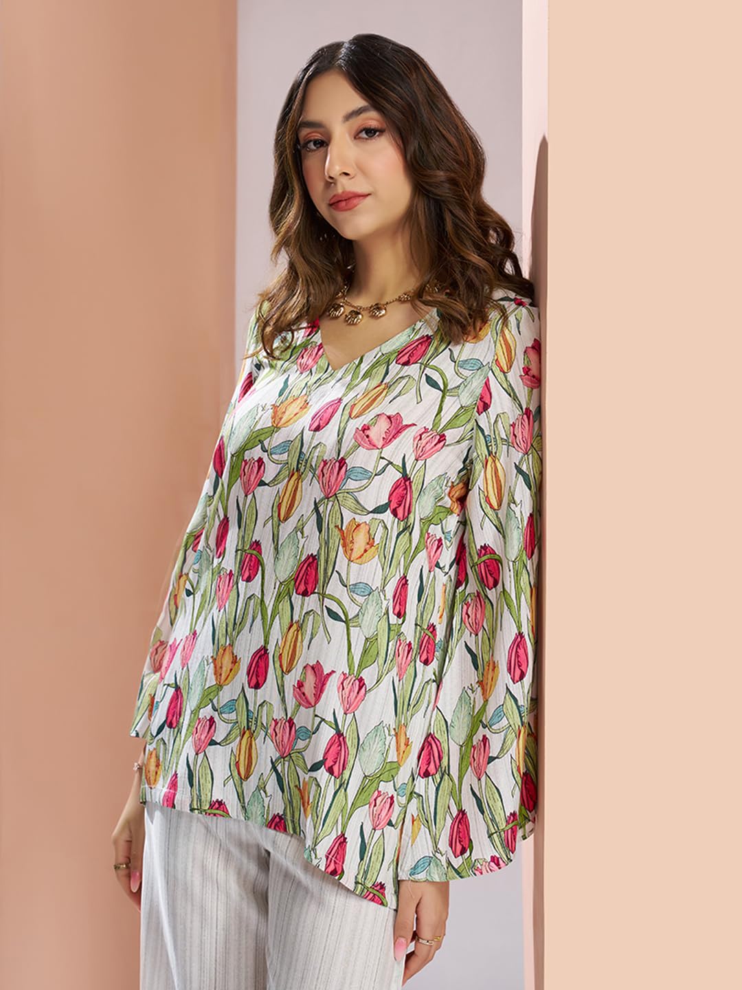 FUSIONIC Elegant White Floral Printed Co-ord Set with Stylish Tulip Motif 3