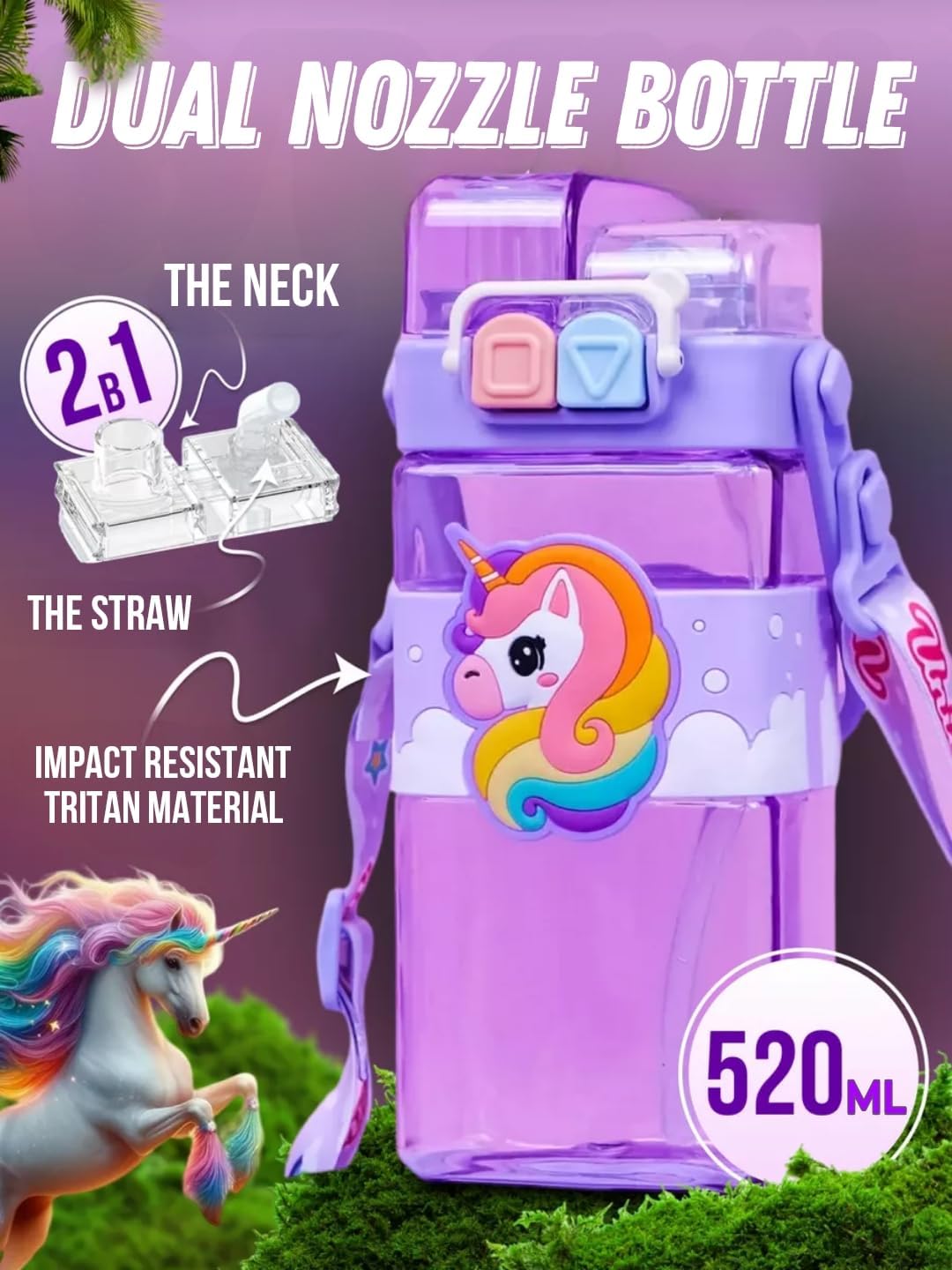 PLUSPOINT Unicorn Water Bottle for Kids with Carry Strap to Hang Double drinking Caps Sipper Bottle with Straw & Wide Mouth Leakproof, BPA Free Tritan Water Bottle for School Kids 520ML (Purple) 1