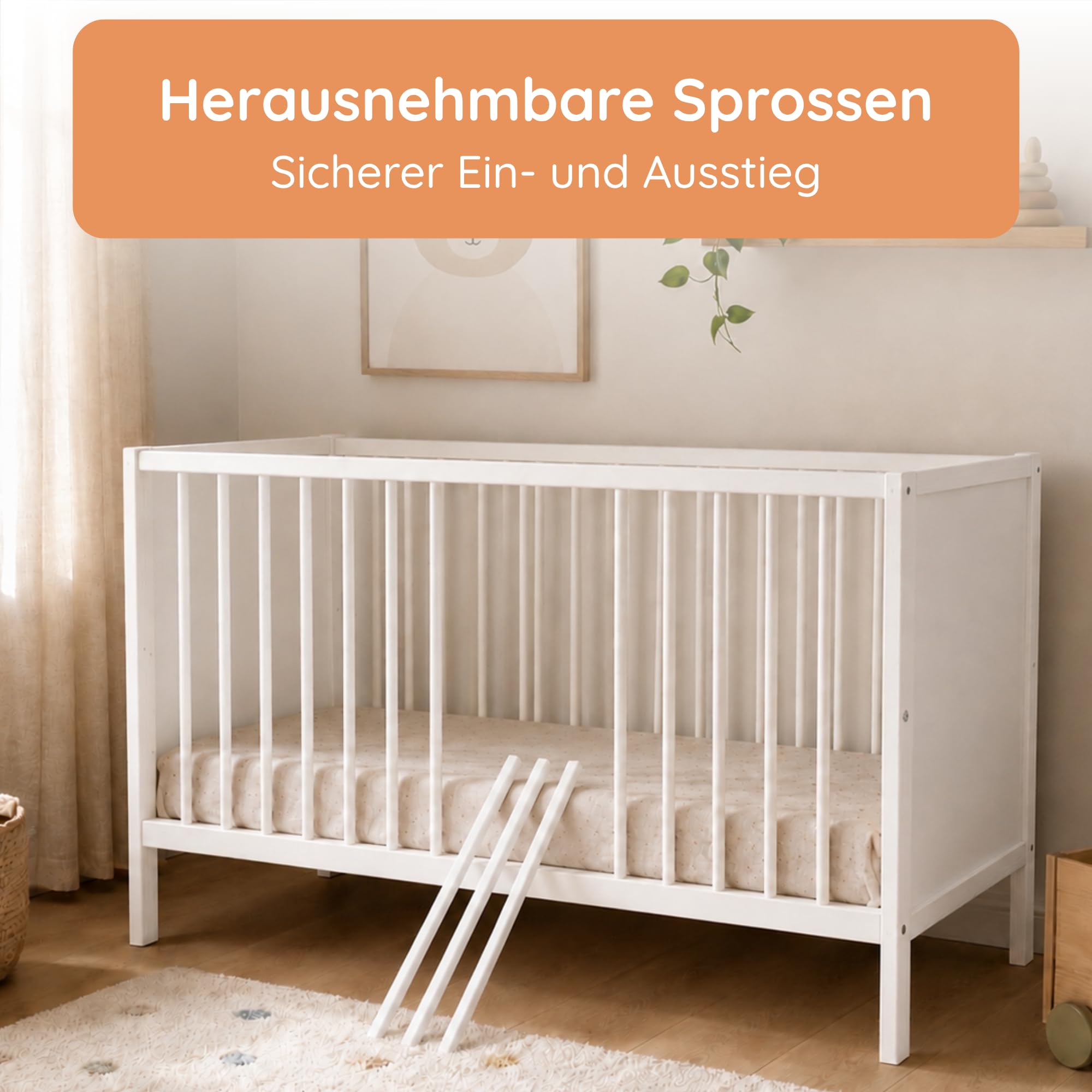 Kids Collective Babybett Kinderbett Beistellbett | Modulares Gitterbett Lattenrost 3-Fach höhenverstellbar & abnehmbare Sprossen | Baby Bett Holz Kinderzimmer | 120x60 cm | Weiß