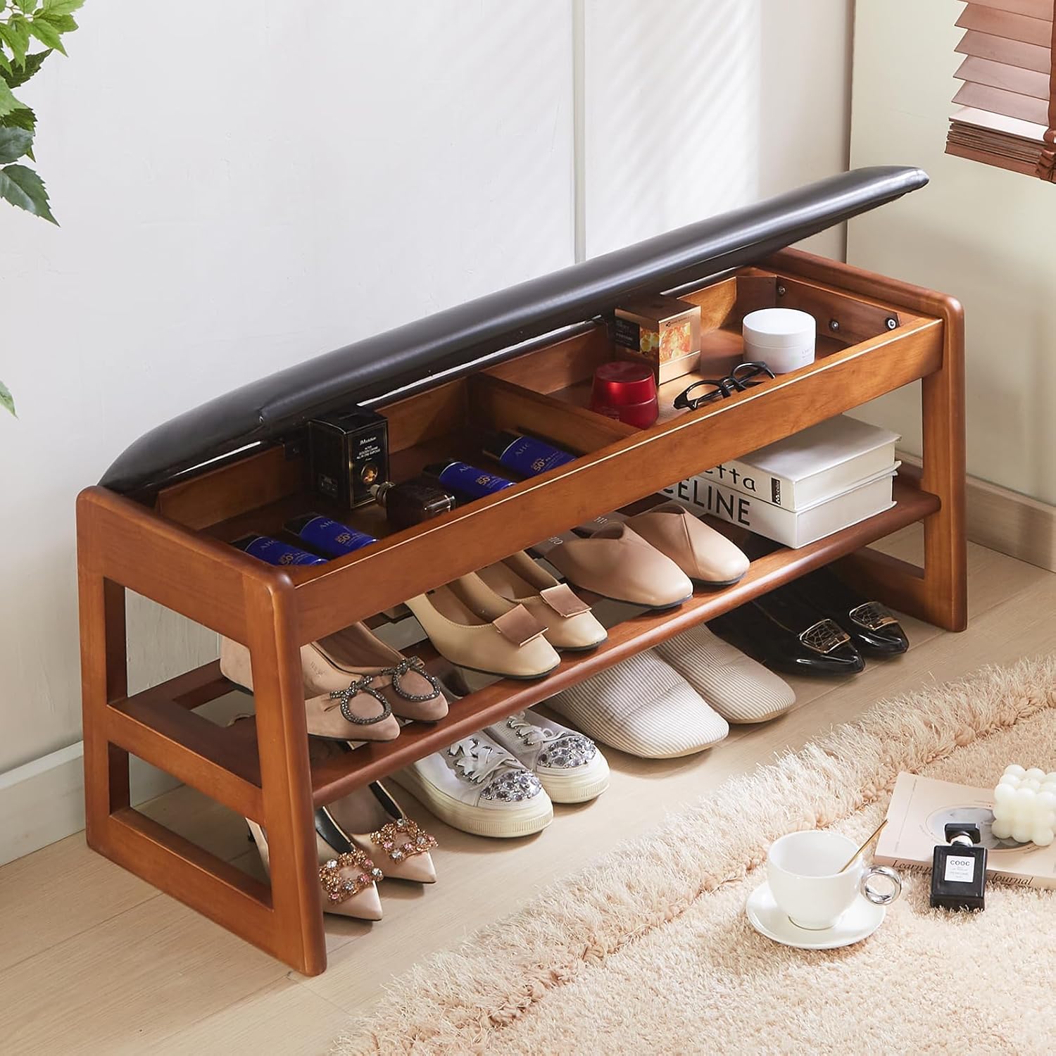 Shoe Rack Bench with Storage - Entryway Bench 40inch 2-Tier Shoe Bench with PU Cushion, Solid Wood Legs Flip Top Entryway Organizer Space Saving Brown 39.4"L