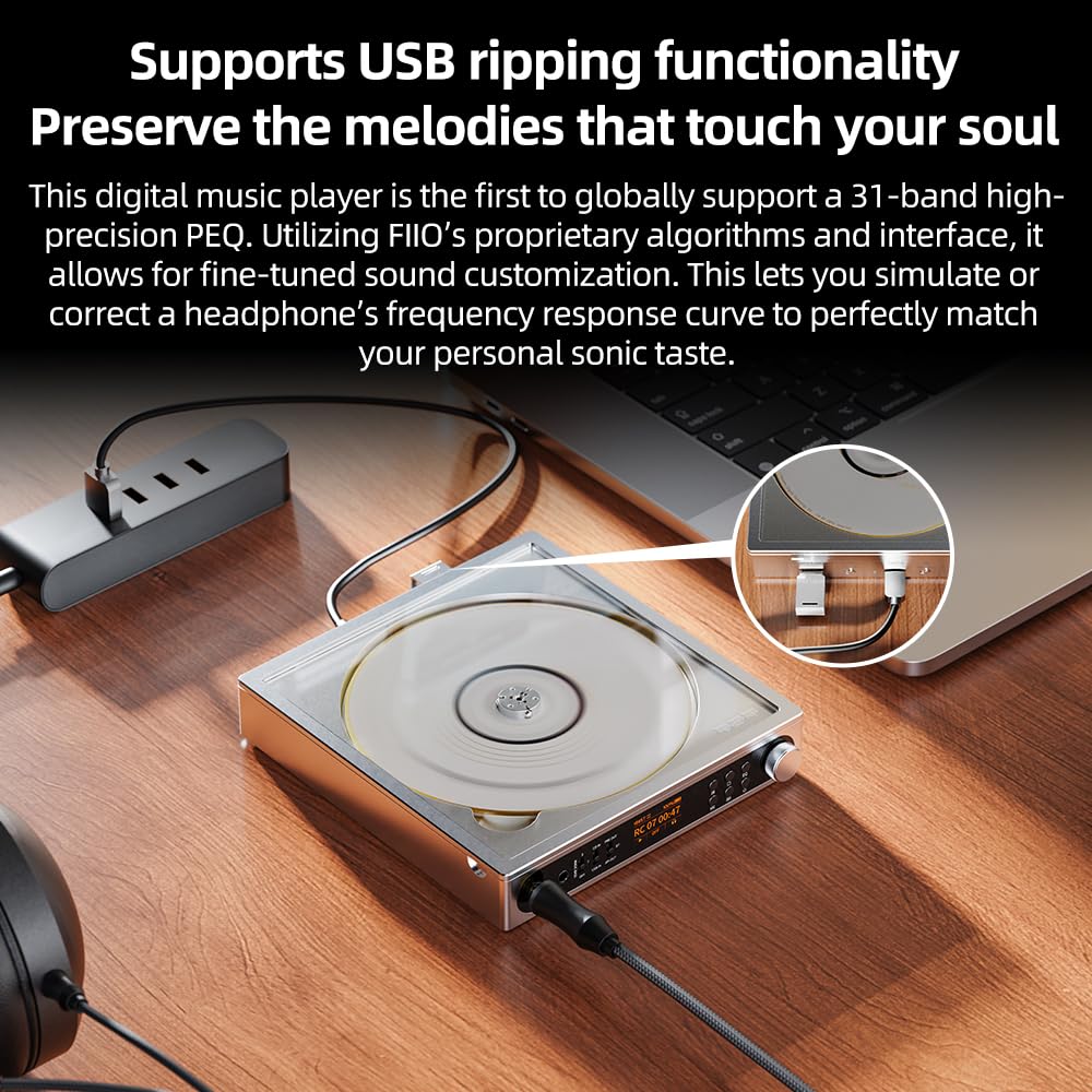 FiiO DM15 Tragbarer Stereo-CD-Player mit echtem 24-Bit-R2R-DAC, 1150 mW + 1150 mW Hochleistungsausgang, aptX adaptiver Bluetooth-Sender, 24 Soundvoreinstellungen, USB/CD HiFi Audio, HD-Display