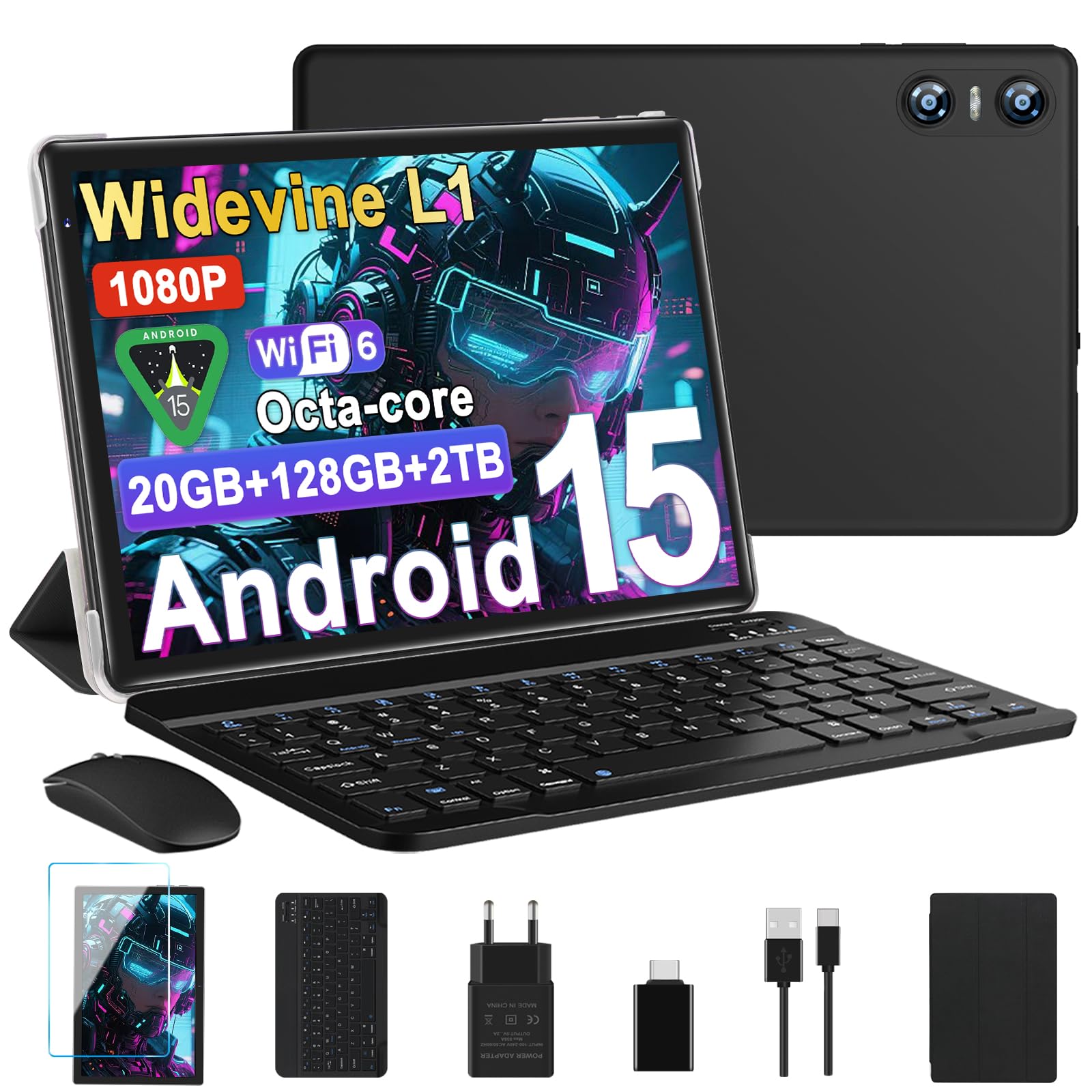 Tablet Android 15 Tablet 10 Pulgadas Gemini AI, 20GB RAM + 128GB ROM (TF 2TB), Octa-Core, Widevine L1, GMS, WiFi 6, 5 + 8 MP, 1280 * 800 Pixels, 6000mAh, Bluetooth 5.0, Tableta Teclado y Raton Negro