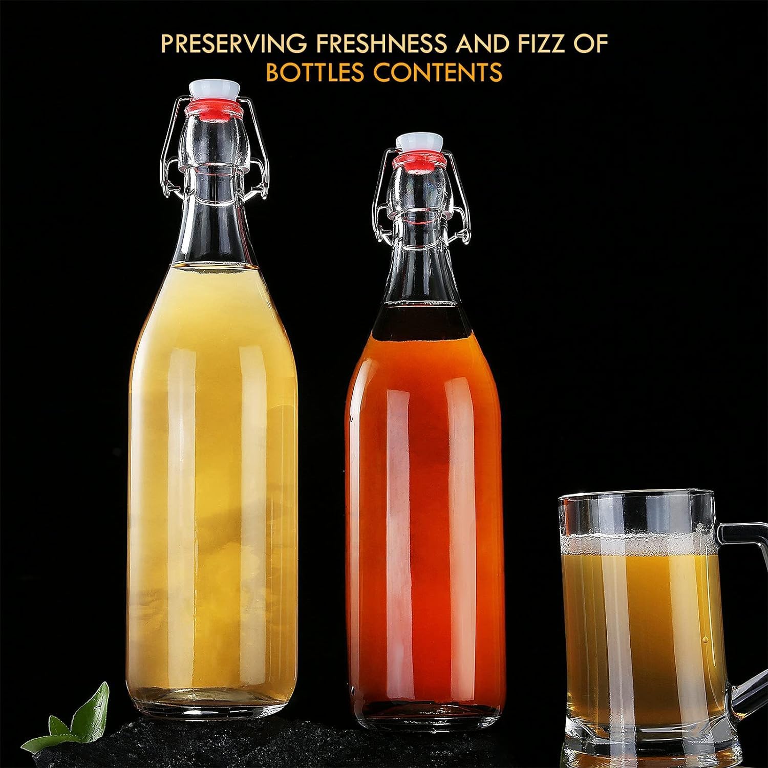 Botellas de Vidrio Transparente con Tapas Herméticas MEETOZ, Juego de 4 Botellas de 32 Onzas para Cerveza, Bebidas, Aceites, Kombucha, Kéfir, Preparación Casera