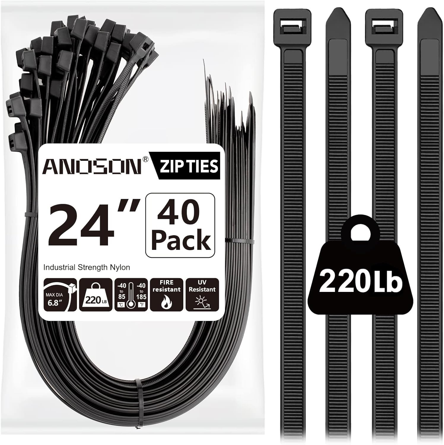 Photo 1 of Large Zip Ties Heavy Duty Outdoor 24 inch (40 Pack), Heavy Duty Zip Ties 220 lbs, Black, by ANOSON