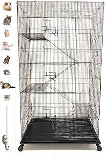 Jaula de alambre de 5 niveles, económica, extra grande, para pequeños animales o pájaros, 30 pulgadas de largo x 18 pulgadas de profundidad x 55 pulgadas de alto con soporte extraíble, Negro