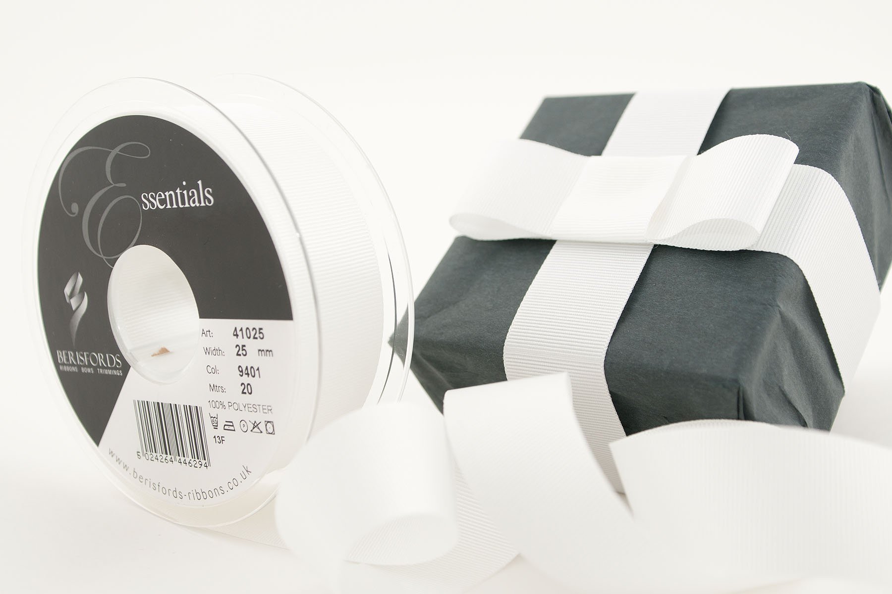 Berisfords 41025 20 m x 25 mm Polyester Grosgrain Ribbon, White