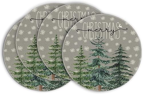 Artoid Mode Juego de 4 manteles individuales redondos con diseño de copo de nieve de pino y copo de nieve de 15 pulgadas para decoración de comedor