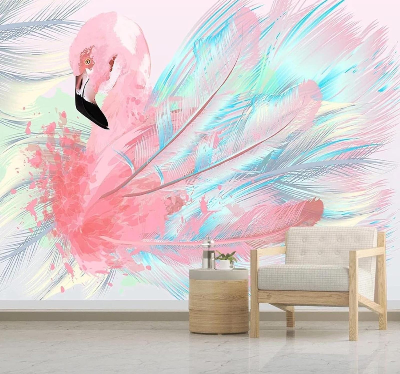 XLMING Hand Drawn Watercolour Pink Flamingo Art 3D Wallpaper Luxury Silk Study Dining Feature Sofa Grey Bedroom Living Room Tv Decorative Wall-250cm×170cm