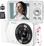 Caméra numérique avec objectif arrière avant, Autofocus 4K Caméra pour la photographie avec 32GB Carte, Portable Compact Point et Caméra de tir pour les adolescents débutant avec Metal Shell, 2000mAh Batterie, 64MP