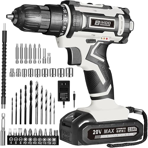 Miniatura 9 de Juego de controlador de taladro de 20 V, taladro inalámbrico con batería y cargador, kit de herramientas LED, configuración de par 25+1 y 43 brocas