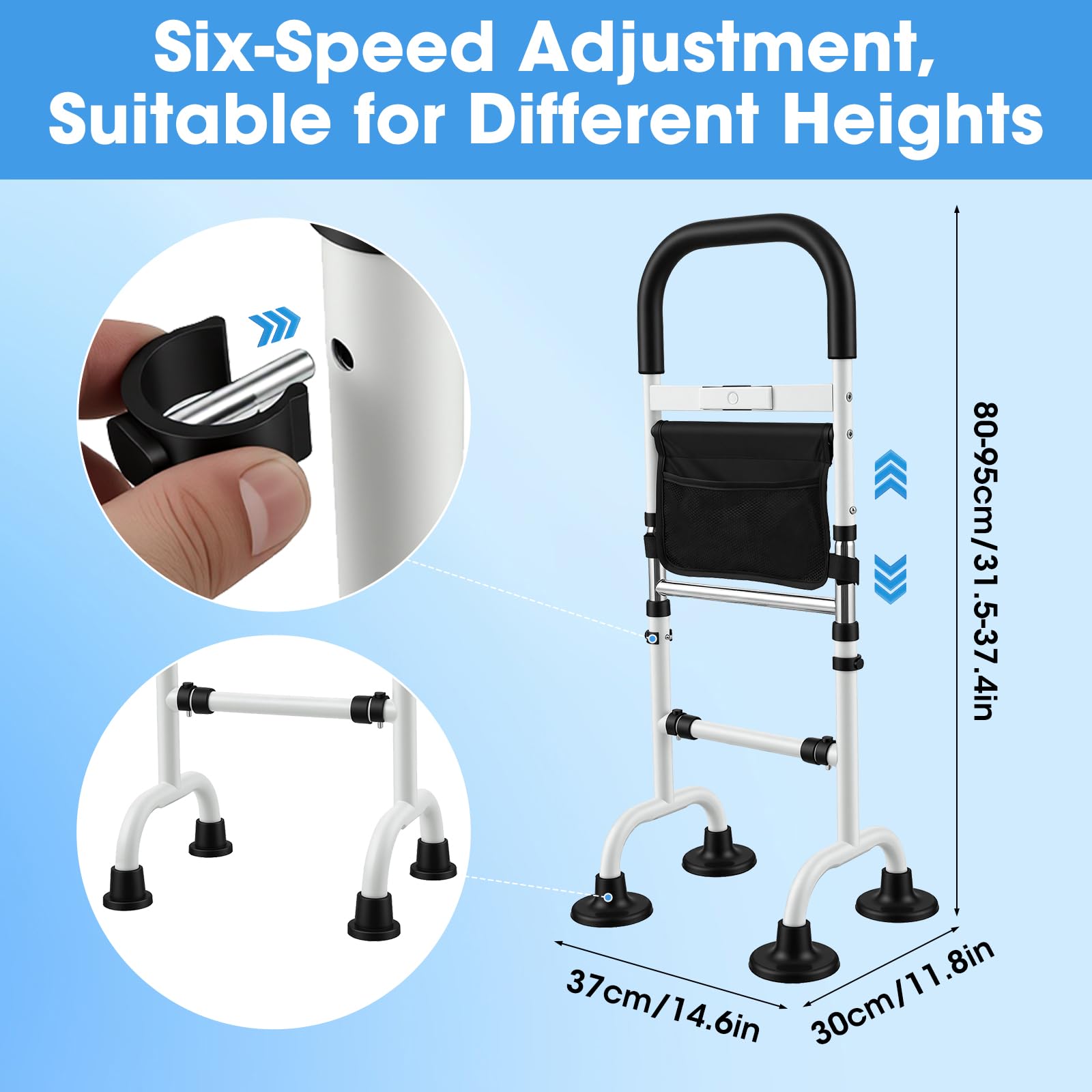 Aide à se Lever Personnes Âgées avec Lampe LED et Sac de Rangement, 6 Hauteurs Réglables 80-95 cm, Acier Carbone Solide, Ventouses Antidérapantes, Charge Maximale 136 kg pour Lit Canapé Toilettes