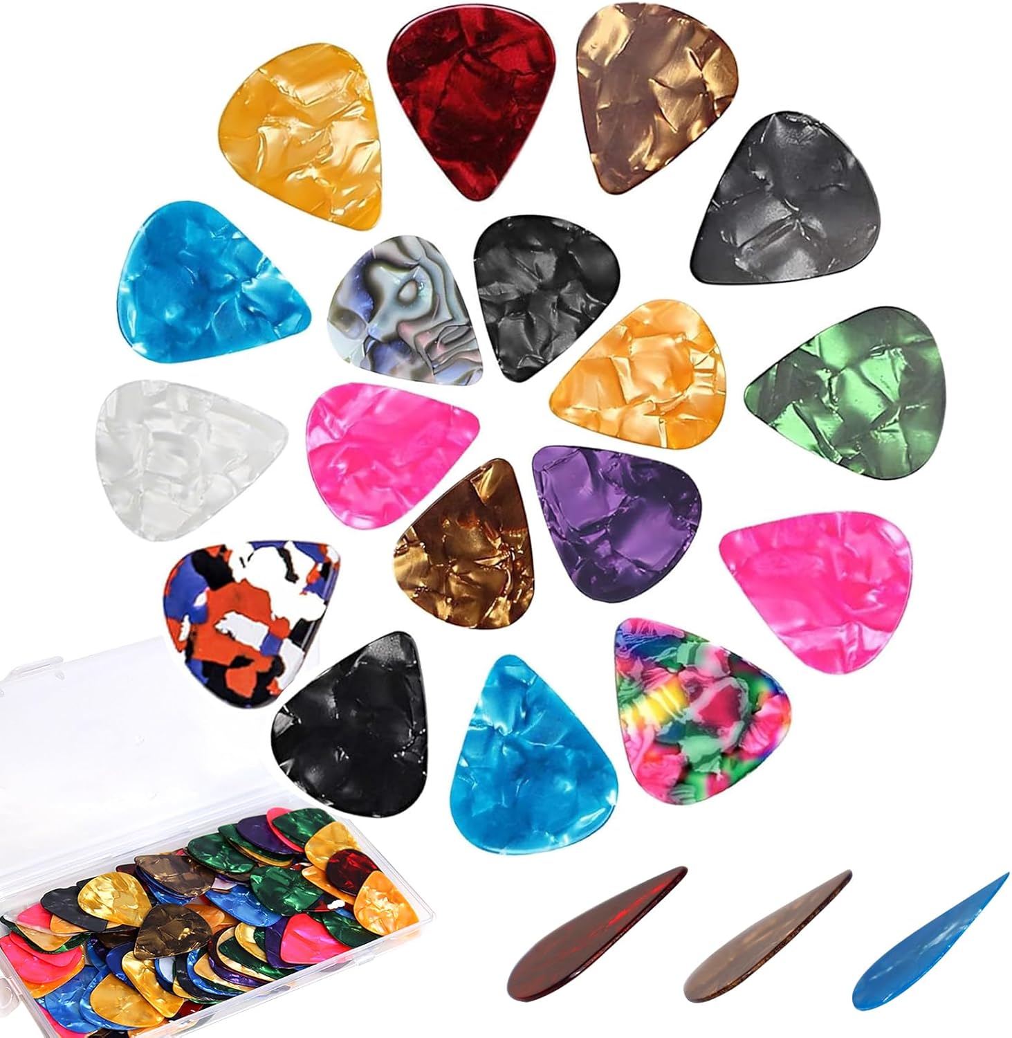 120 Pack Celluloid Guitar Picks with Organizer Storage Box, 0.46 0.71 0.96mm Includes Thin, Medium, Heavy Colorful Guitar Picks for Acoustic Guitar Electric Guitar Bass Ukulele (120 Mixedcolor) Thumbnail