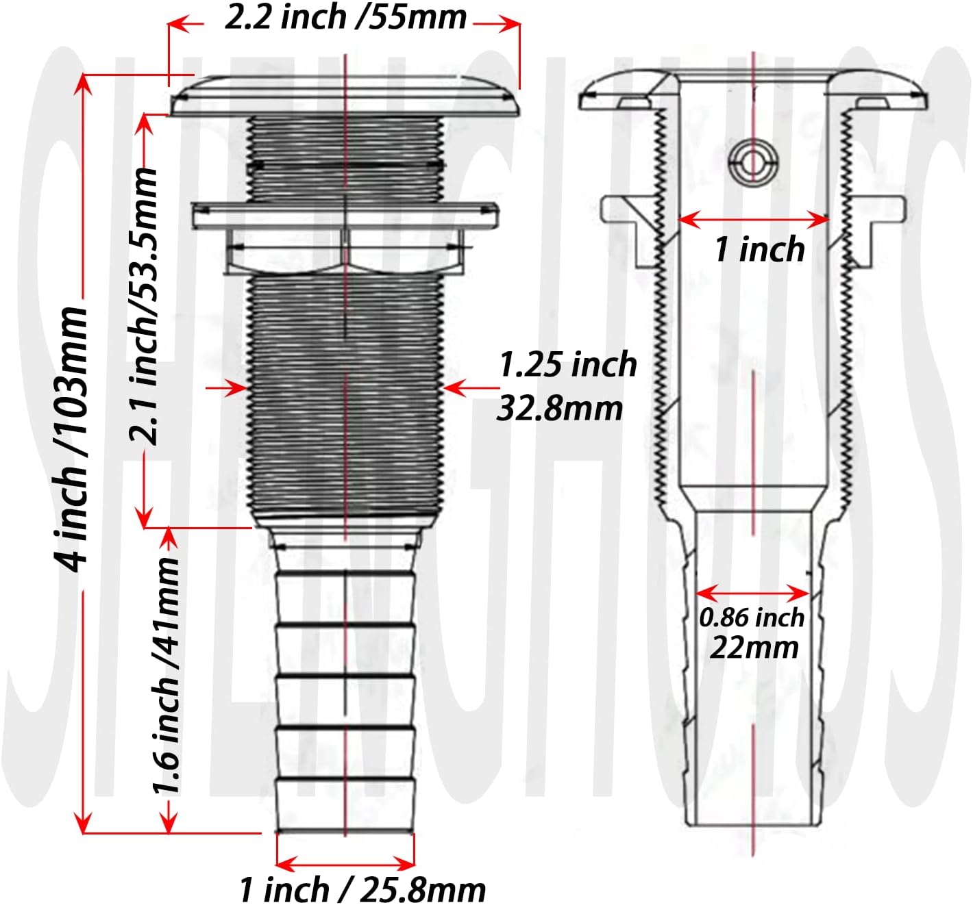 SHENGHUISS 316 Stainless Steel Thru-Hull Fittings with Nut&Custom Gasket for Boats, Yachts or Rvs