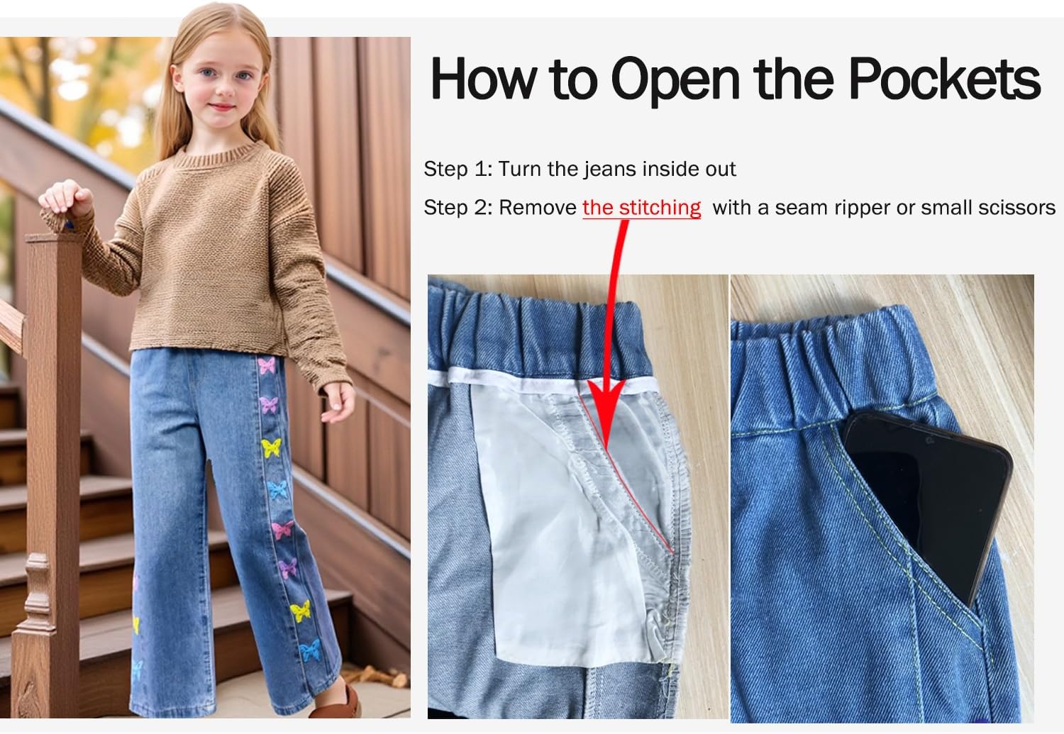 Girls Wide Leg Jeans | Colorful Butterfly Print Denim Pants | Elastic Wasit Baggy Straight Kids Clothes 4-14 Years - Image 6