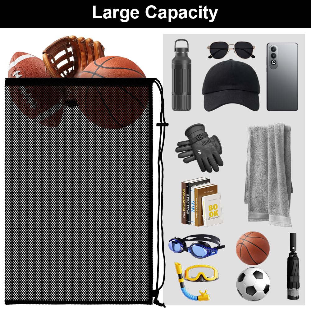 Borsa a Rete con Coulisse, Zaino da Spiaggia in Rete, Zaino Grande in Rete, Adatto per Fitness, Shopping, Nuoto, Calcio e Basket(Nero)