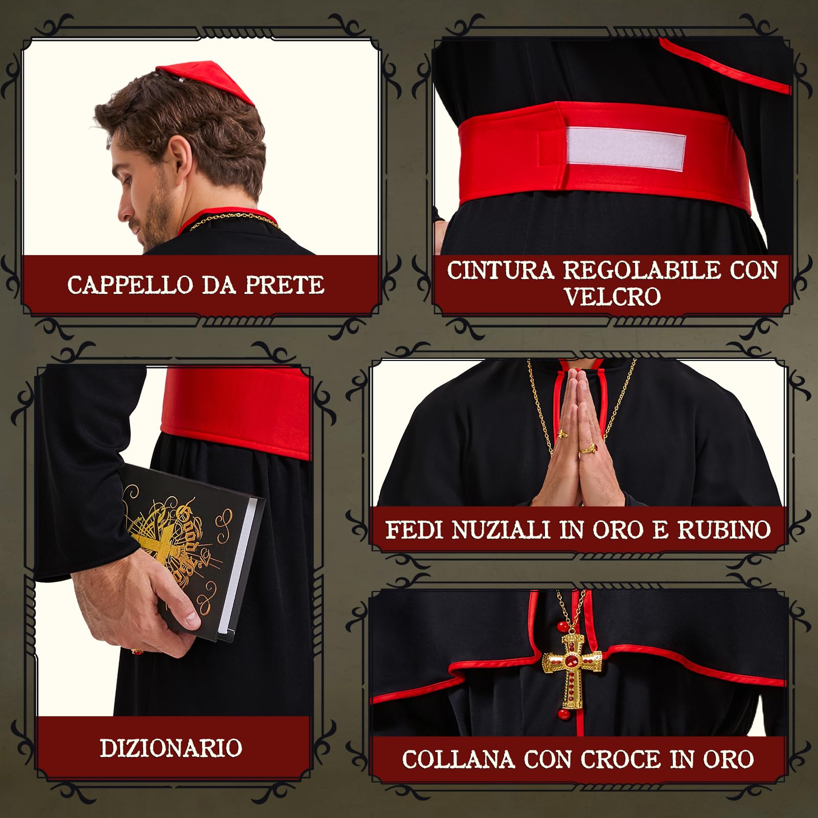 Costume Cardinale per Uomo, Carnevale Costume da Prete per Adulto con Catena, Cintura Vestito da Prete per Carnevale Cosplay