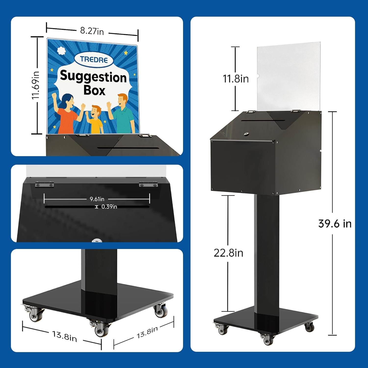 Tredre Large Acrylic Suggestion Box with Lock 39.6" × 13.8" × 13.8", Floor Standing Donation Box with Sign Holder, Ballot Box for Voting, Charity, Fundraising, Church Events, Feedback Collection