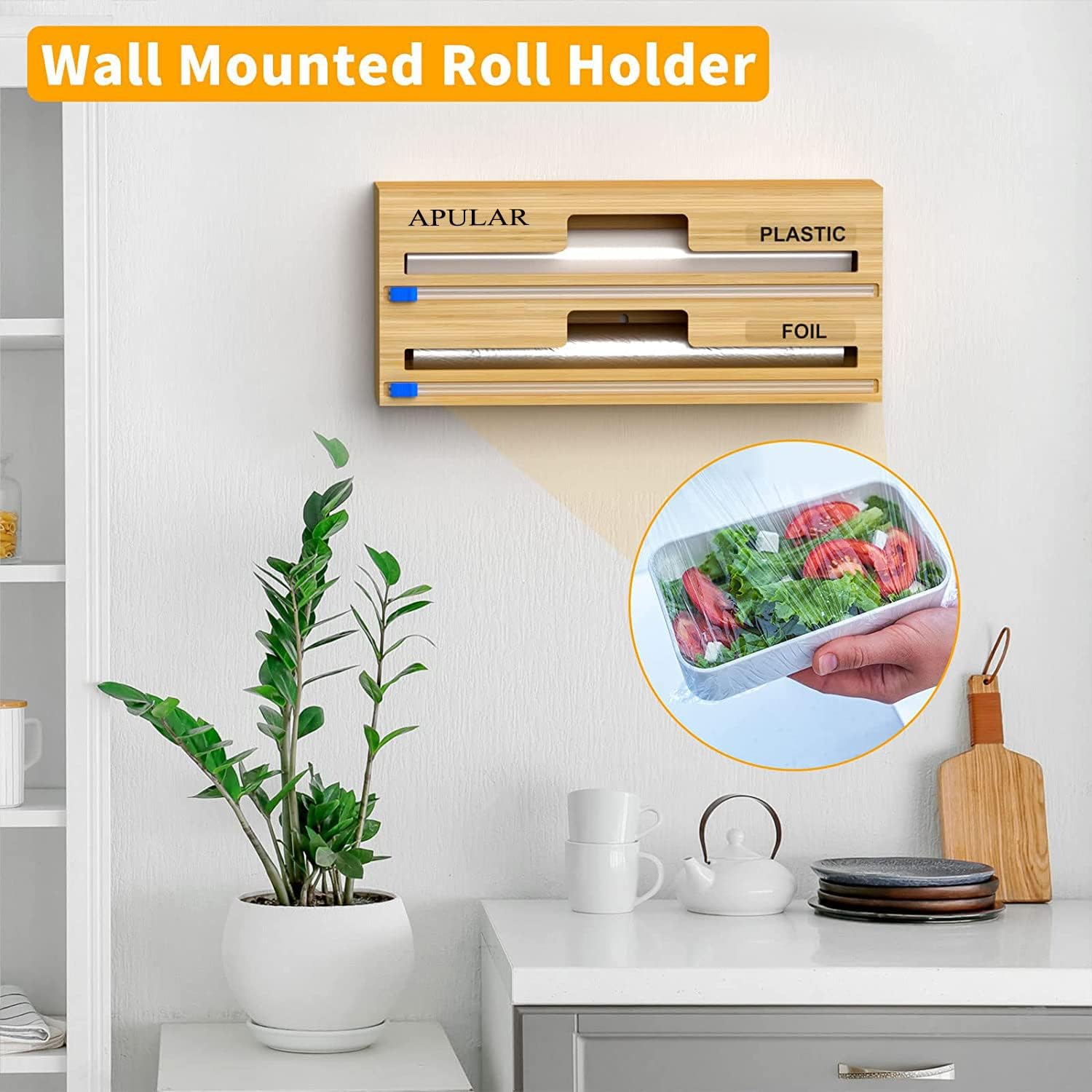 APULAR 2 in 1 Wrap Dispenser with Cutter & Labels, foil & plastic wrap organizer, Plastic Wrap, Aluminum Foil & Wax Paper Dispenser for Kitchen Drawer Plastic Wrap, Compatible with 12'' Roll