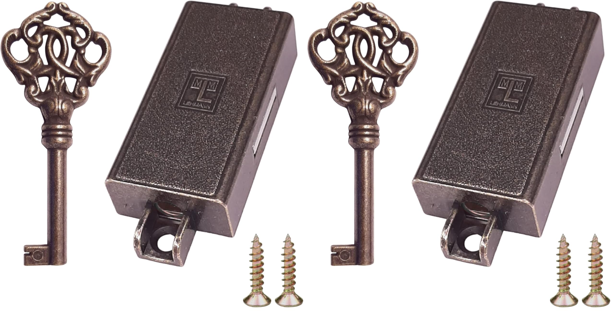 Serrure espagnolette de meuble en brun bronze avec clé pour armoire ancienne et buffet x2