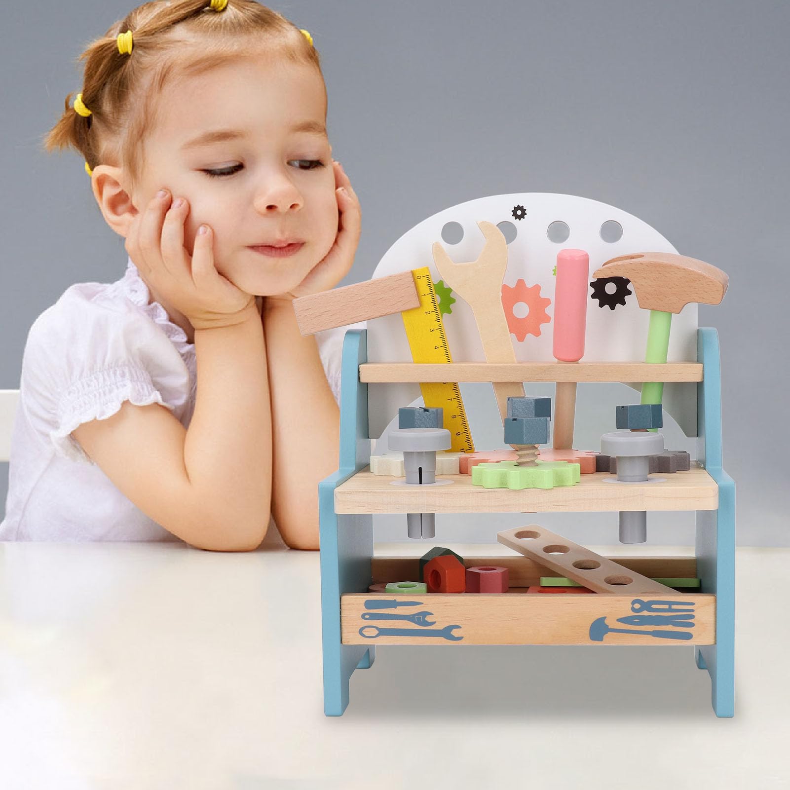 EMUKOEP Herramientas de Reparación de Juegos de Simulación para Niños, Banco de Herramientas de Madera Multifuncional para Juegos Familiares Interactivos y Desarrollo Educativo