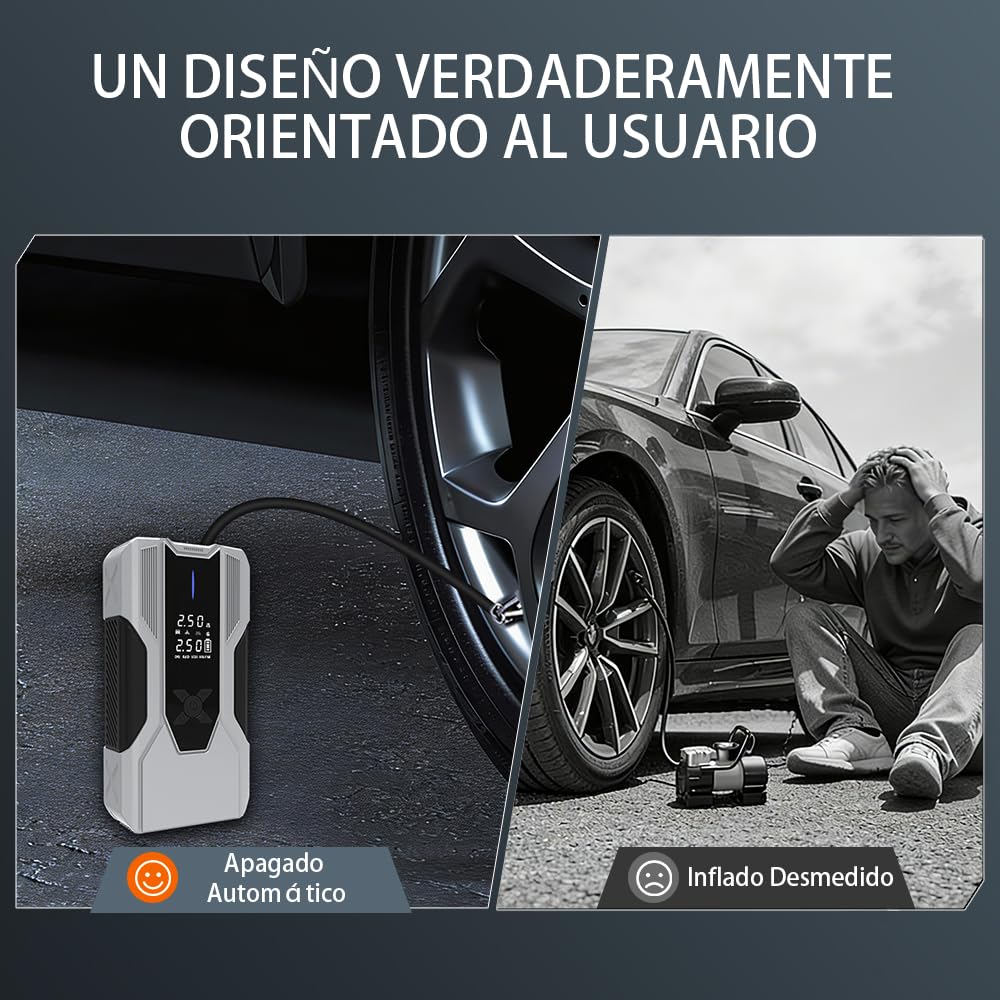 AWESAFE 12000Mha Inflador de Neumáticos 150PSI con Arrancador de Baterias de Coches (Todo Gasolina o 10L Diésel), Compresor de Aire Portátil para Coche con Pantalla LCD, Luz de Emergencia