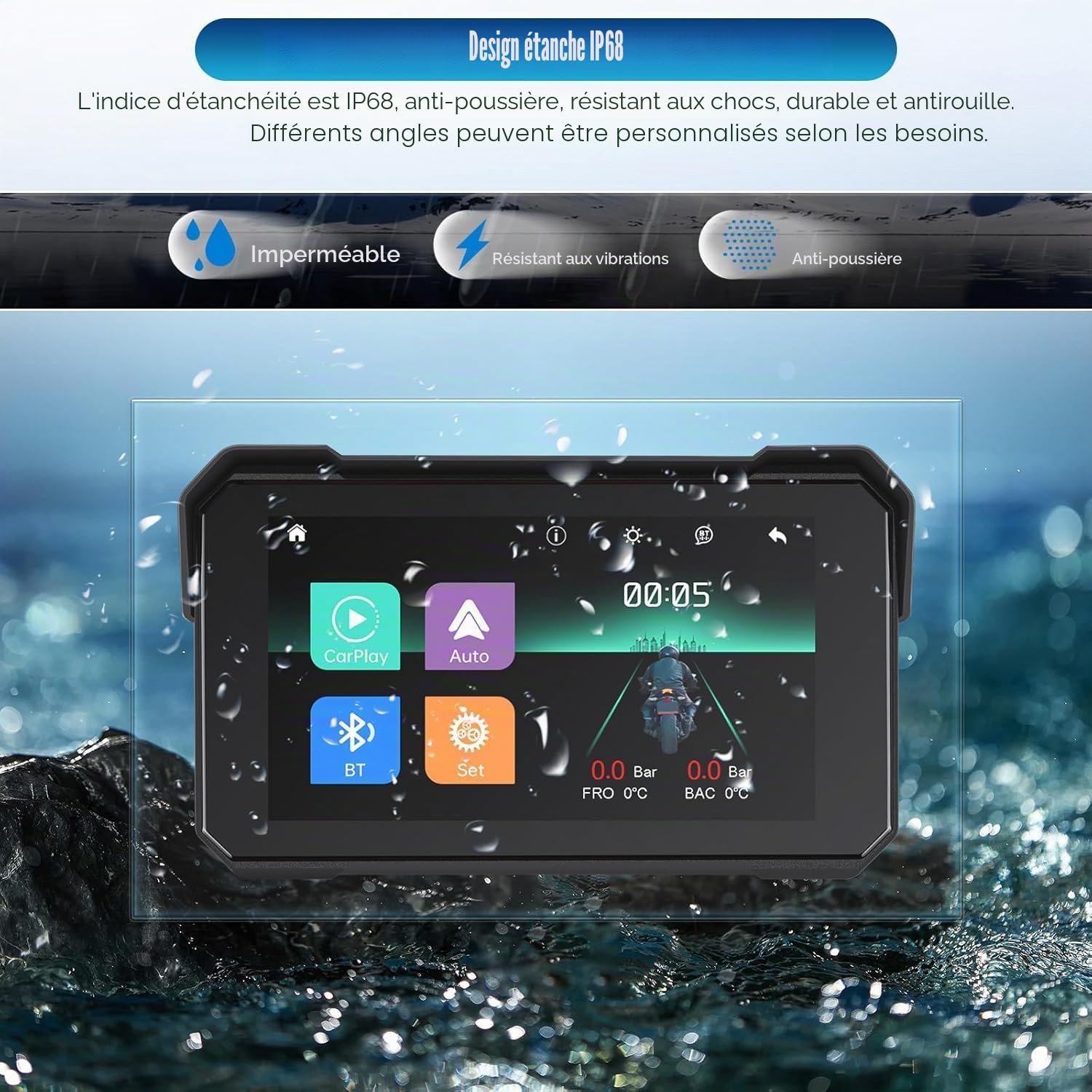 Écran GPS CarPlay pour Moto avec CarPlay sans Fil et Android Auto, écran Tactile Portable et étanche de 5 Pouces, Compatible Bluetooth et système de Surveillance de la Pression des pneus
