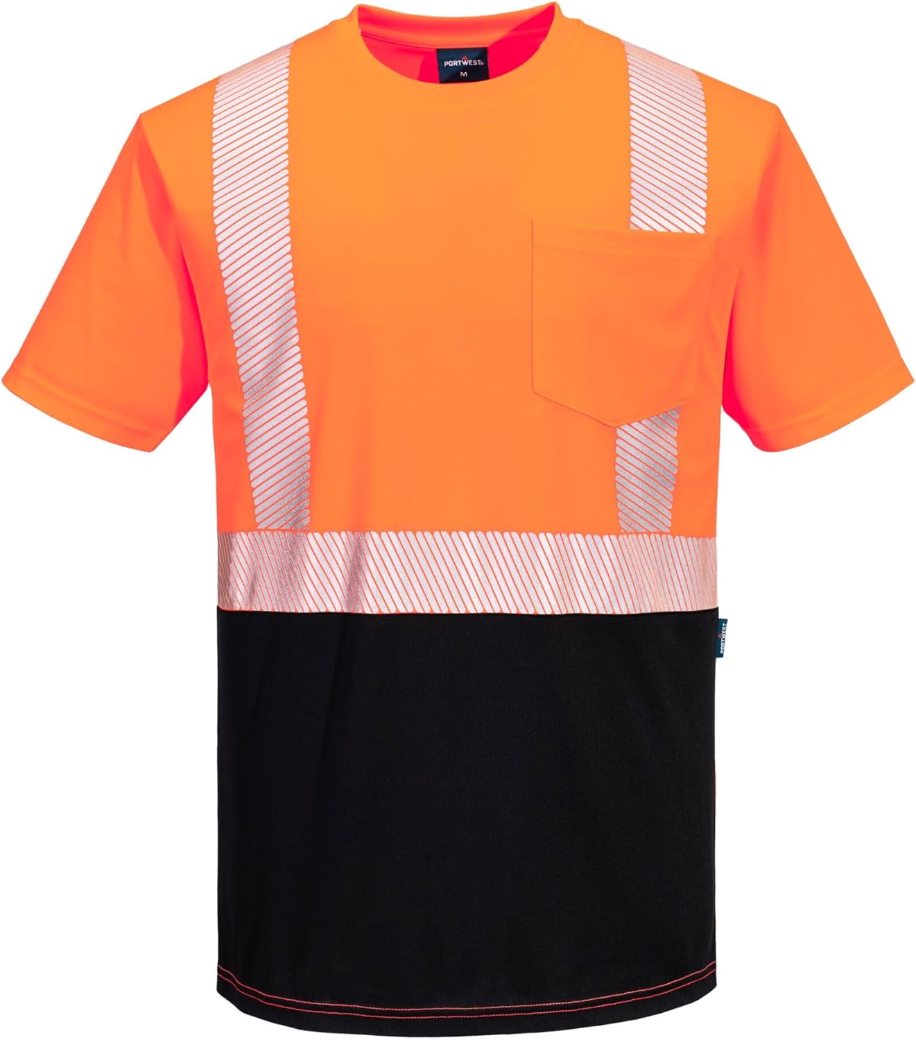 Portwest S196 Hi Vis Segmented Tape Contrast Pocket T Shirt Short Sleeve with Breathable EzeeCool Fabric for Worksite Visibility, Orange/Black, S