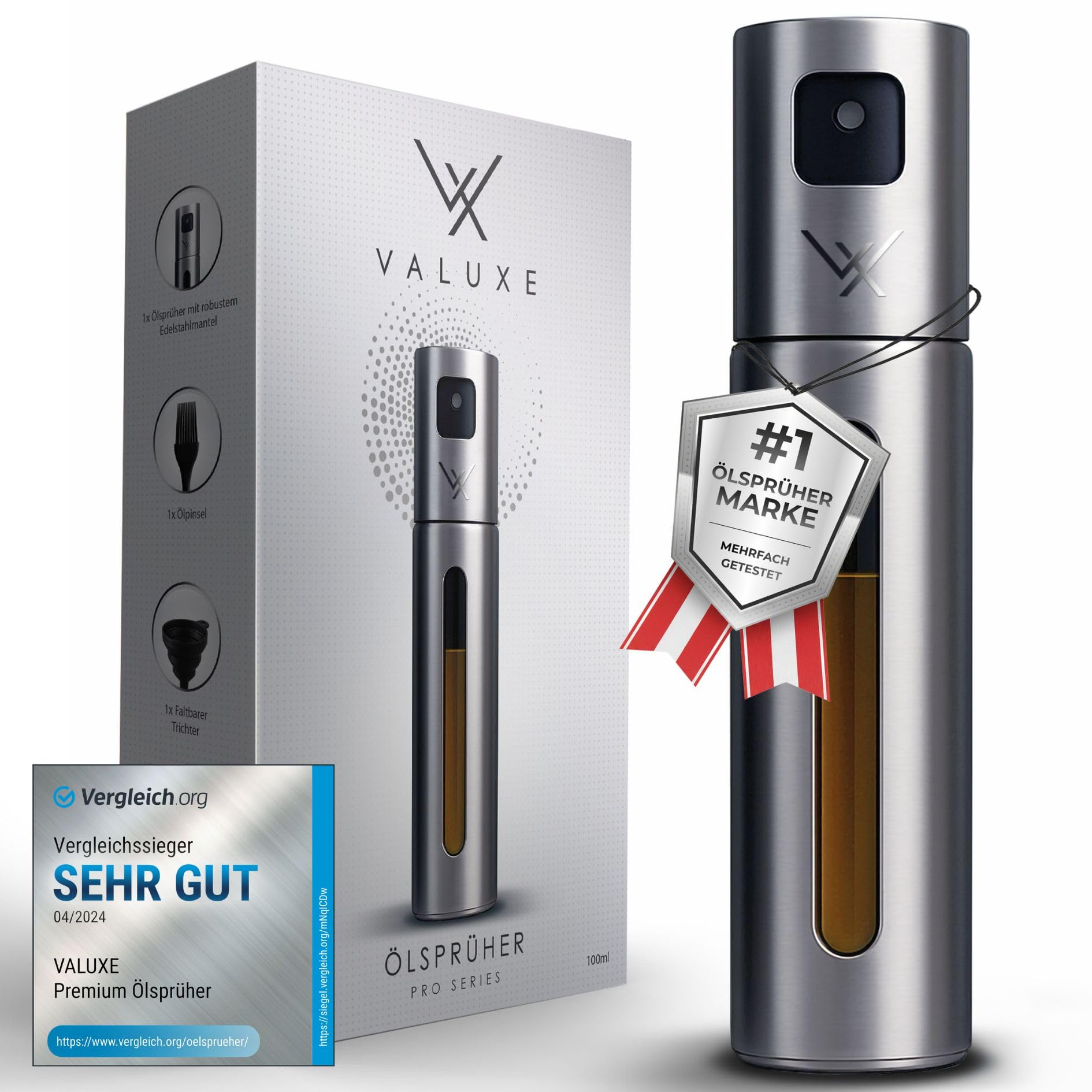 VALUXE® Ölsprüher für Speiseöl & Essig mit UV-Edelstahlmantel & Sprühfilter - Edelstahl Öl-Sprühflasche - Präziser Essig & Olivenöl Sprüher, Öl-Zerstäuber, Oil-Sprayer Edelstahl