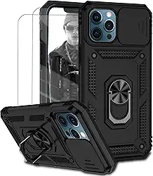 Capa para iPhone 12 Pro Max Capinha | com 2 peças de protetor de tela temperado com janela deslizante da câmera e suporte para telefone incluídos - Preto