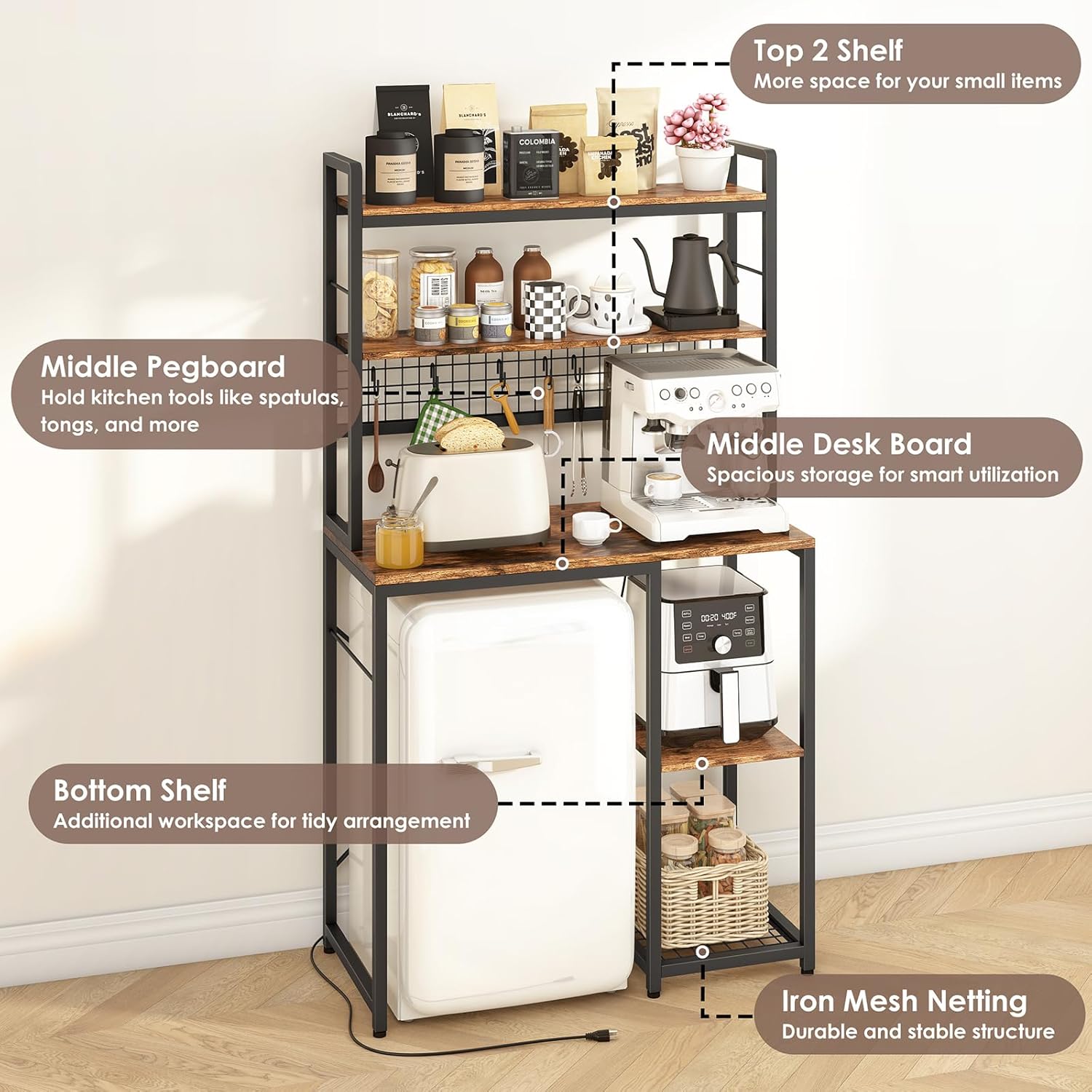Multi-Functional Mini Fridge Stand, Mini Fridge and Microwave Storage Shelves with Power Outlet, Large Bakers Rack and Storage for Kitchen Appliances, Perfect for Dorm Kitchen Coffee Bar