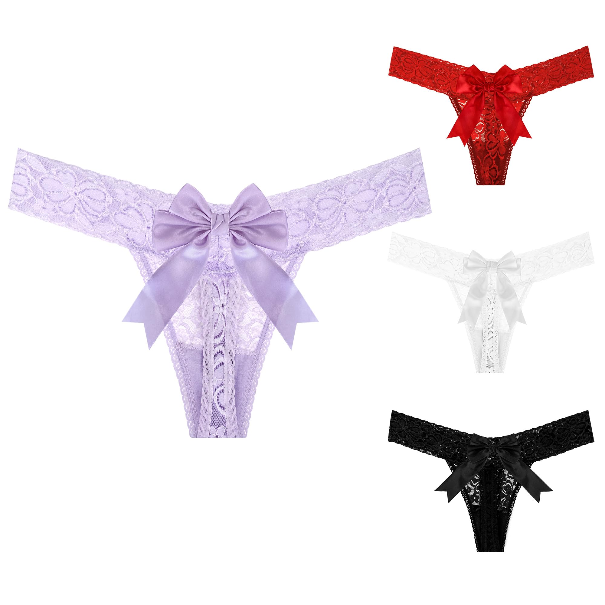 Lot de 4 strings en dentelle pour femme avec nœud papillon et culotte taille moyenne Blanc Noir Violet Rouge Taille XS à 4XL