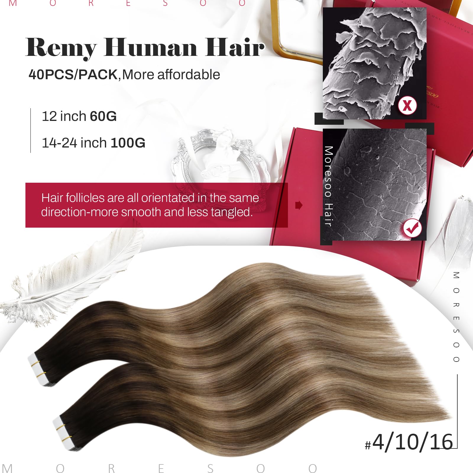 Moresoo Tape in Hair Extensions Human Hair 100g 24 Inch Long for Full Head Tape in Extensions Thick Human Hair Balayage Dark Brown to Golden Brown with Honey Blonde 40 Pieces #4/10/16 - Image 2
