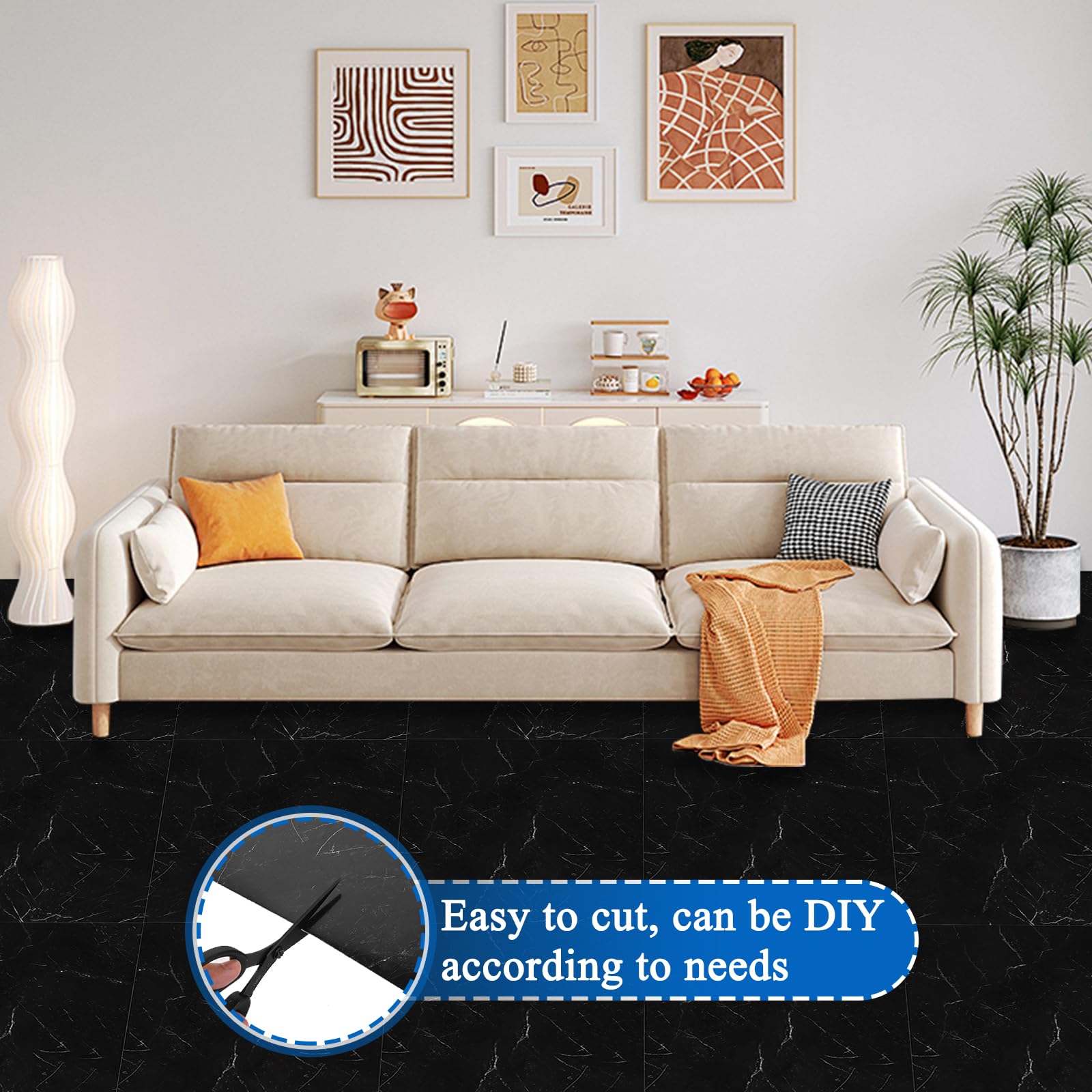 CYEER 25 Stück PVC Bodenbelag Selbstklebend Schwarz 30x30cm, Vinylboden Marmoroptik, Wasserfeste Bodenfliesen für Bad & Küche, DIY Renovierung ca. 2,25 m²