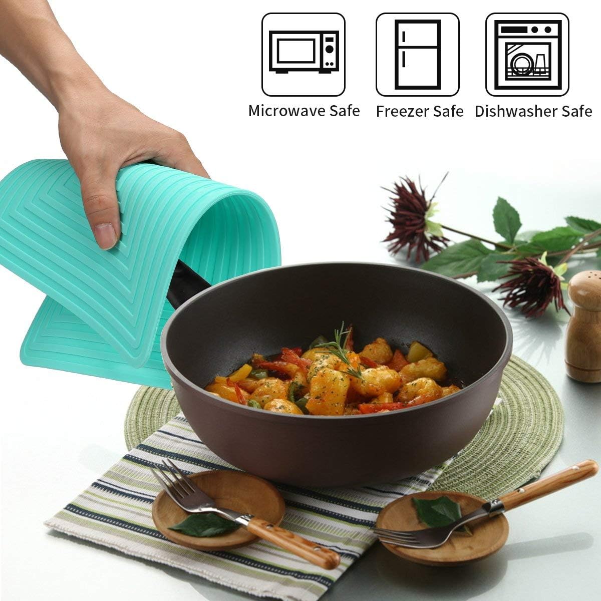 LogHog Large Silicone Trivet Mats for Hot Dishes/Pans, Heat Resistant Pot Holder, 9"x12" Non Slip Flexible Durable Pot Coaster Kitchen Table Mats Set of 2 (Teal) image 4
