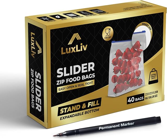 40 x LuxLiv ® Premium Food Storage Freezer Bags & Marker Pen | Heavy Duty Slider Zipper Ziplock Bags | Airtight Expandable Bottom | Stand and Fill BPA Free  Microwave Reusable