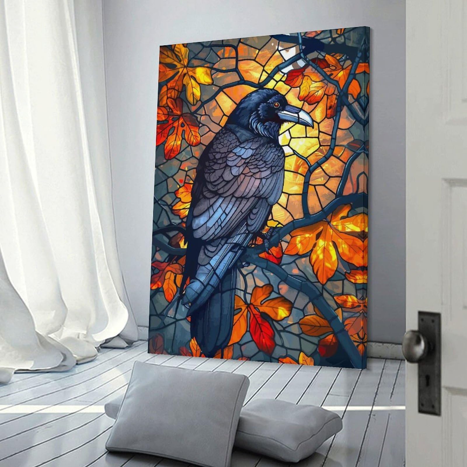 Junmoney Frame-Style-1 Decorative Wall Artwork Stained Glass Raven Art, 16X24inch(40X60cm), For New Homes, Bedrooms Or Workspaces, Canvas Artwork With Gifting Potential