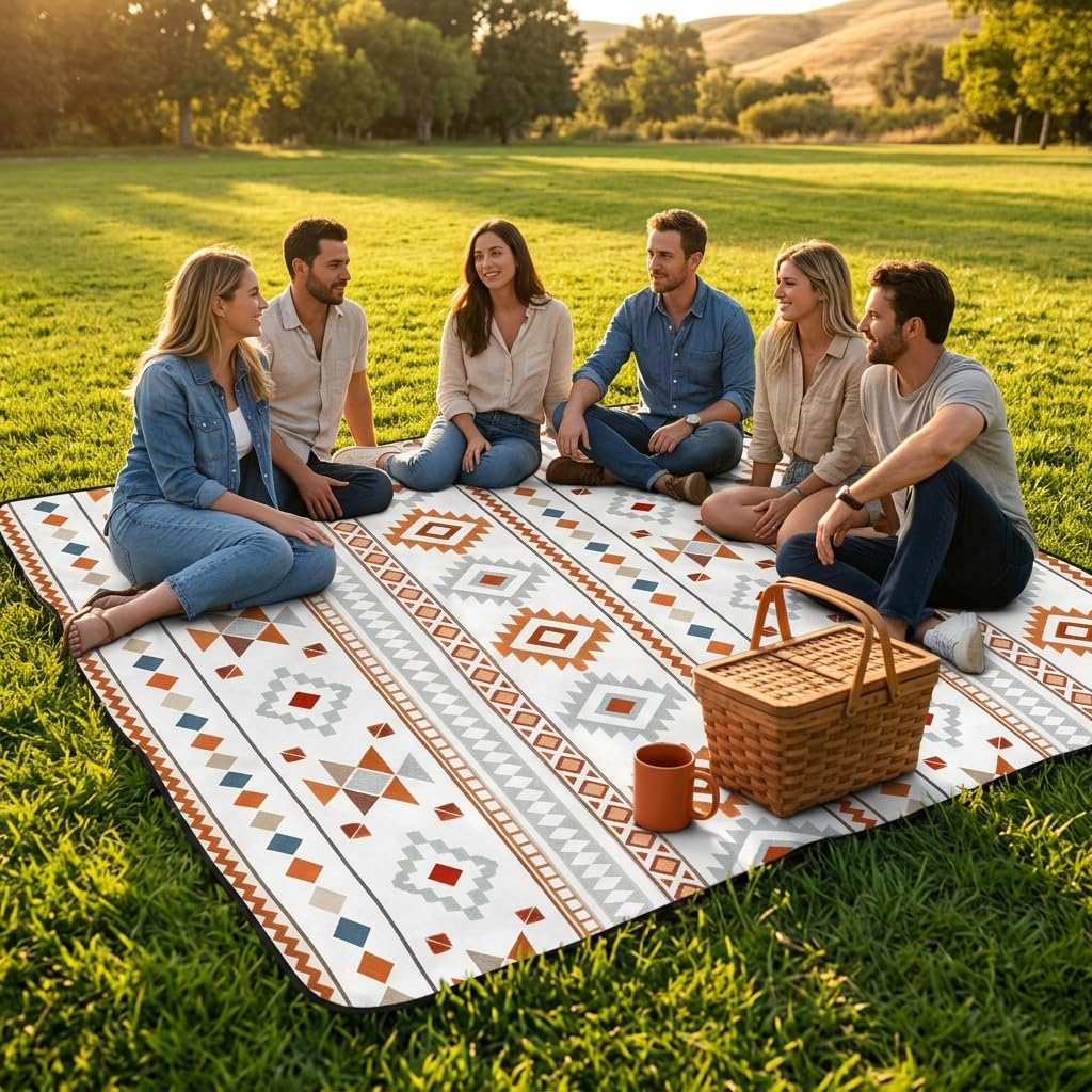 Koc piknikowy na zewnątrz, 200 x 200 cm, koc kempingowy z uchwytem, wodoodporny spód, można prać w pralce, miękki i przenośny składany koc turystyczny na zewnątrz, z kołkami ziemnymi
