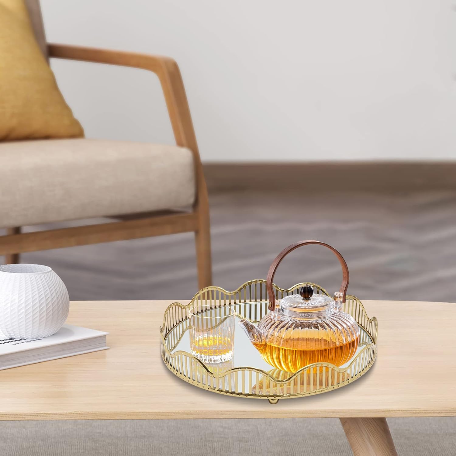 Gold Tray12.4 * 2.36 Glass MirrorCurve decorativeCenterpieces Perfume Holder Decorative Organizer and Storage Makeup Bathroom Tray Home Vanity for Dresser Coffee Table Bedroom Living Room (Round)